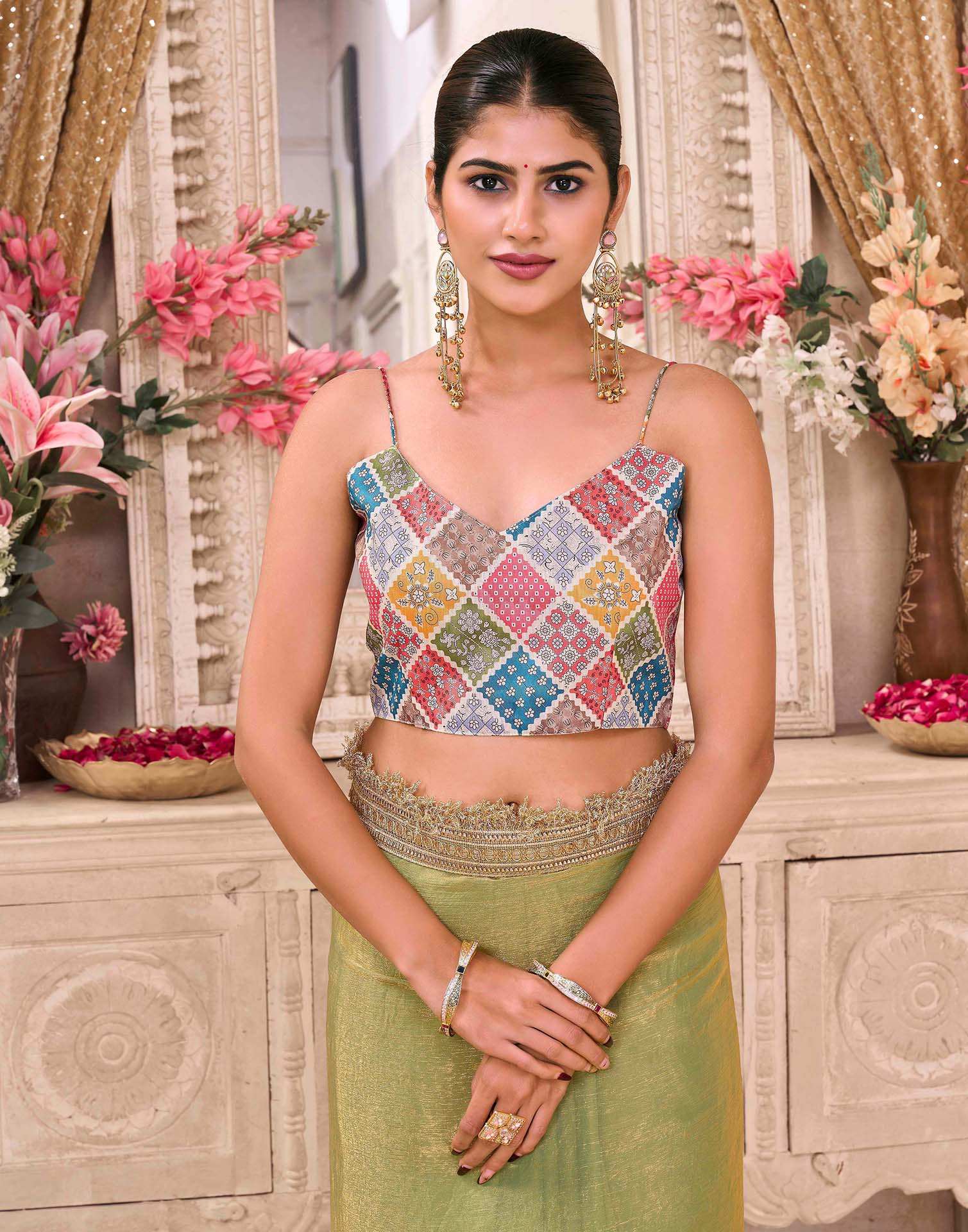 Parrot Green Shimmer Gota Lace Saree - Image 8