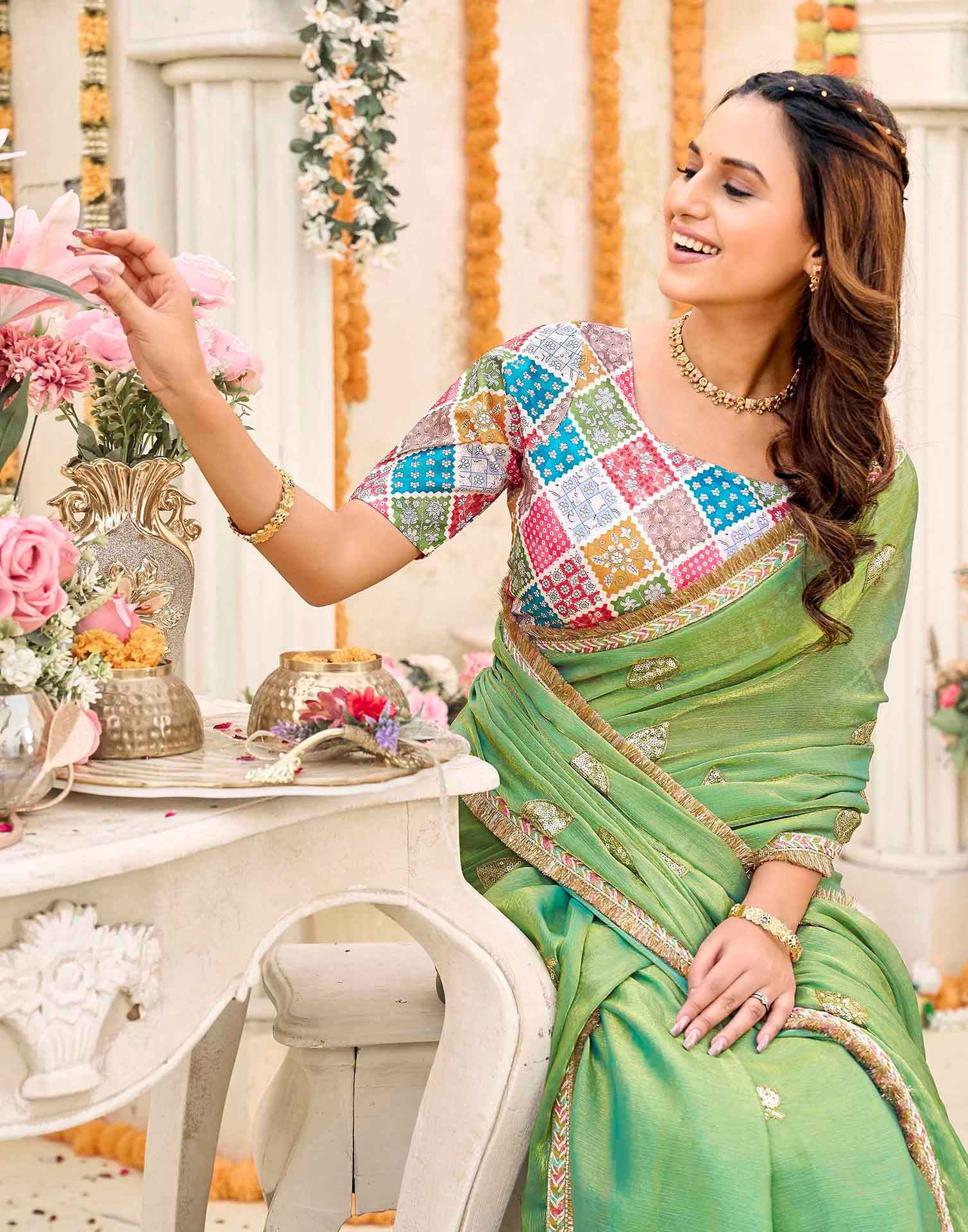 Parrot Green Shimmer Sequence Embroidery Saree - Image 2