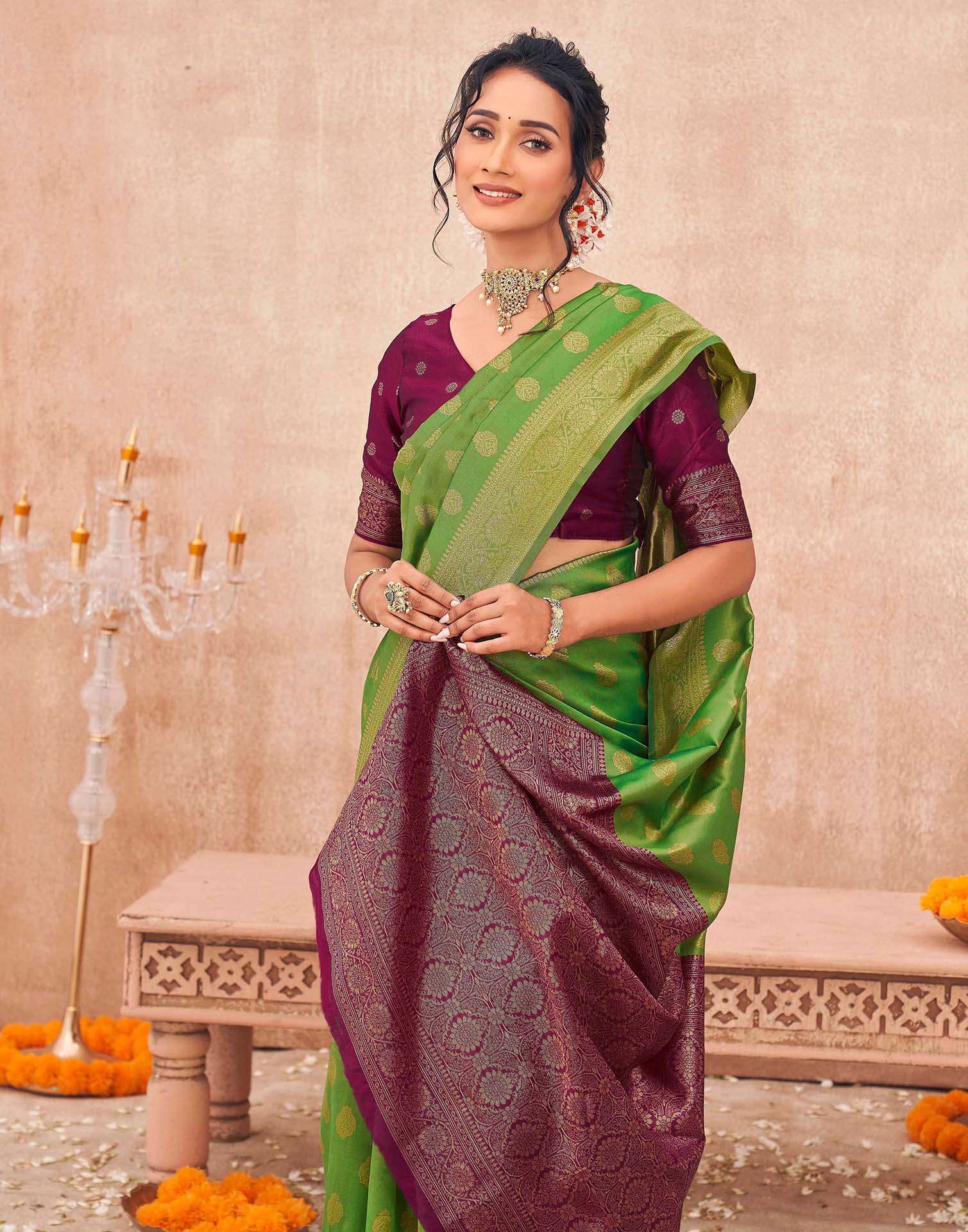 Parrot Green Shimmer Silk Woven Banarasi Saree - Image 2