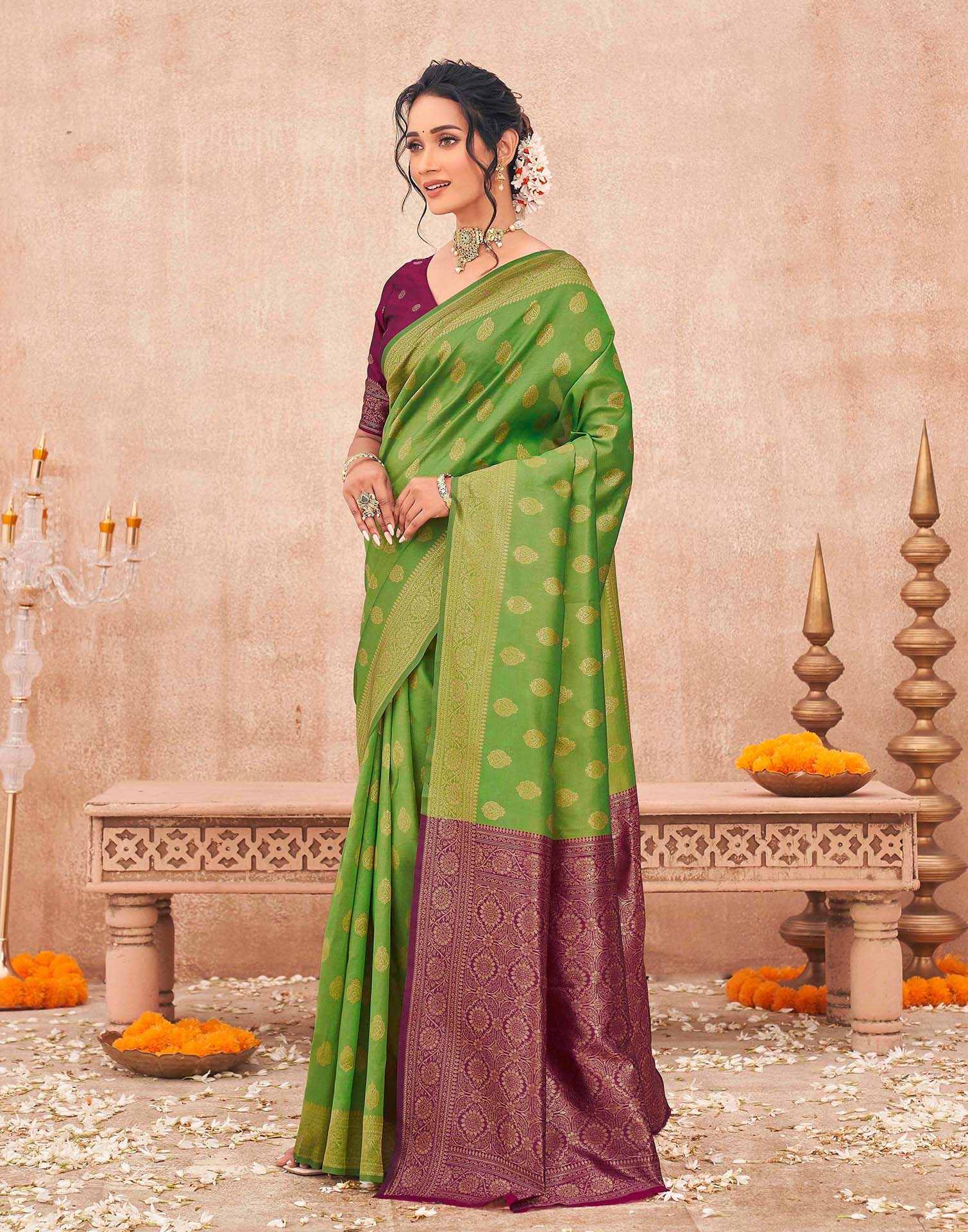 Parrot Green Shimmer Silk Woven Banarasi Saree - Image 4