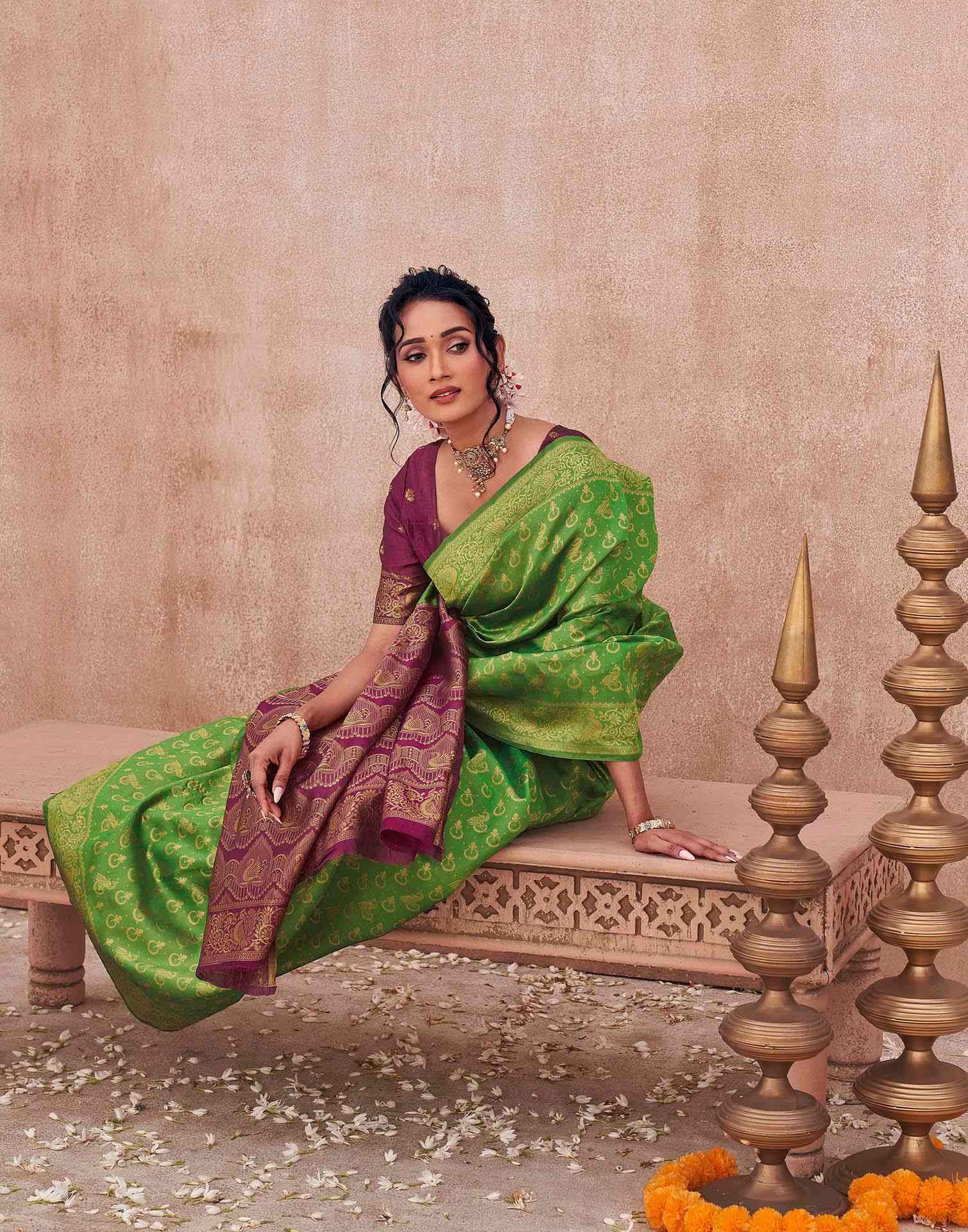 Parrot Green Shimmer Silk Woven Banarasi Saree - Image 4