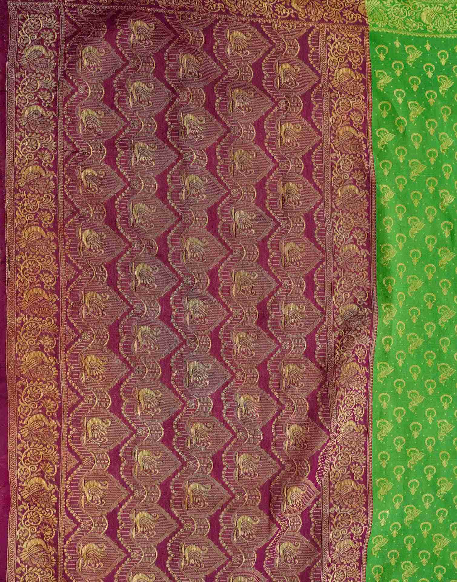 Parrot Green Shimmer Silk Woven Banarasi Saree - Image 8