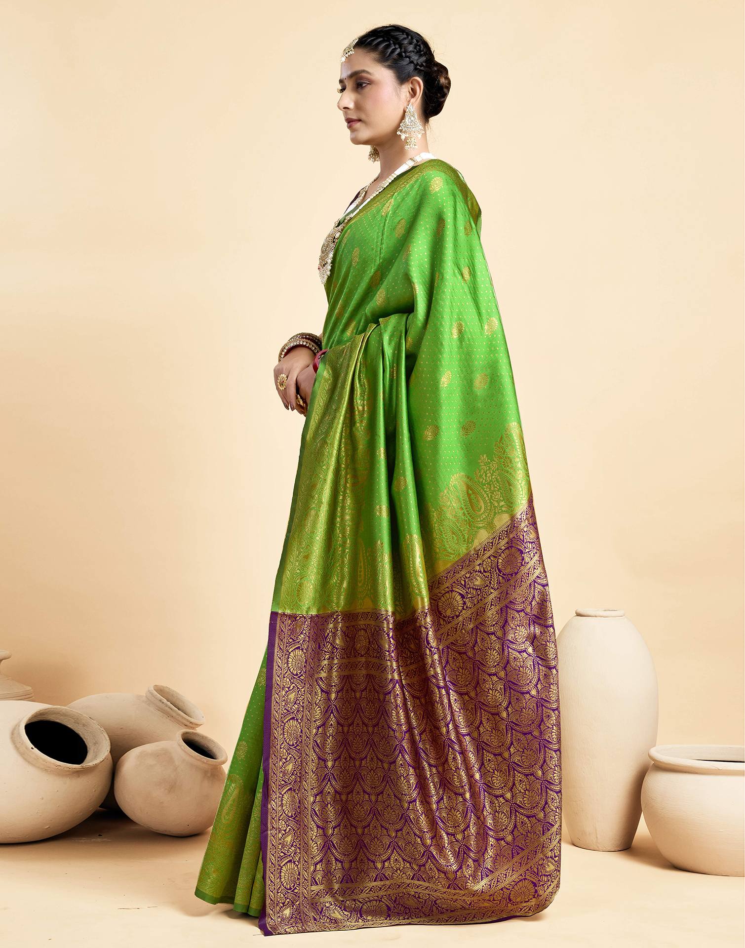 Parrot Green Silk Woven Banarasi Saree - Image 4