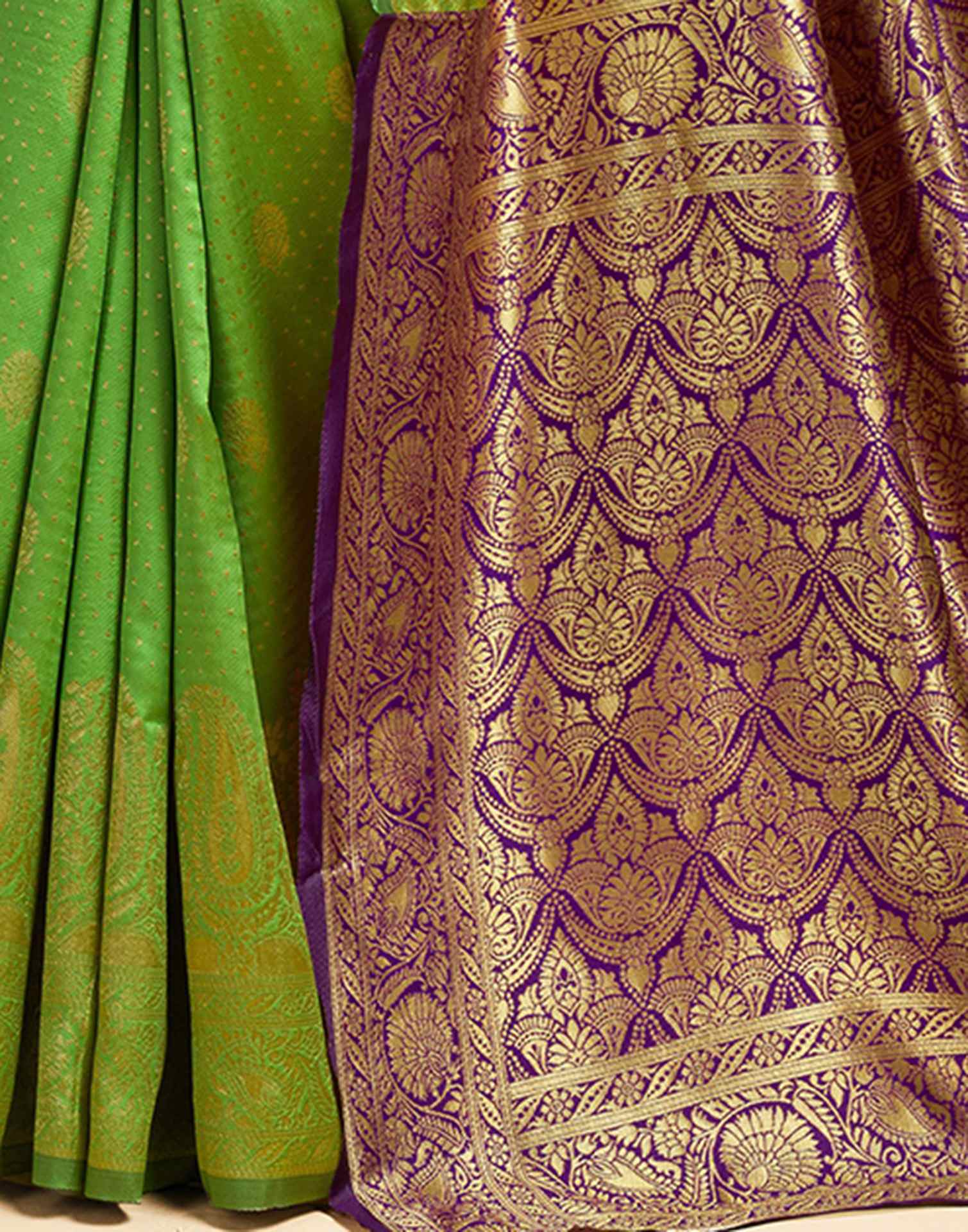 Parrot Green Silk Woven Banarasi Saree - Image 8
