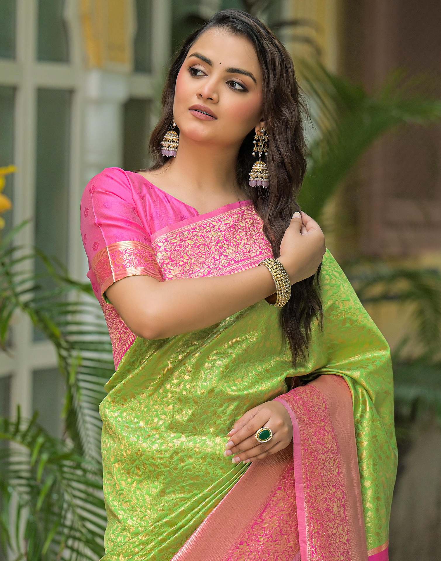 Parrot Green Silk Woven Kanjivaram Saree - Image 2
