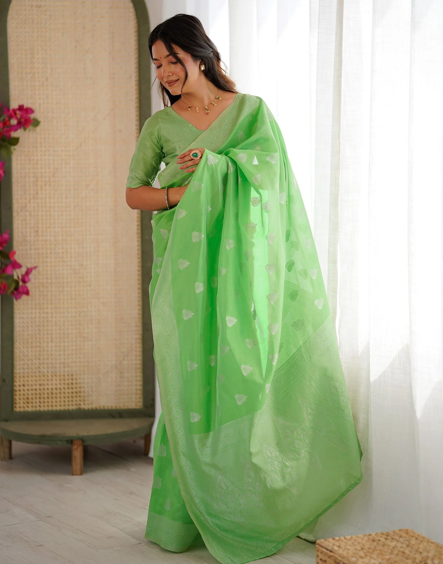 Parrot Green Silk Woven Saree - Image 6