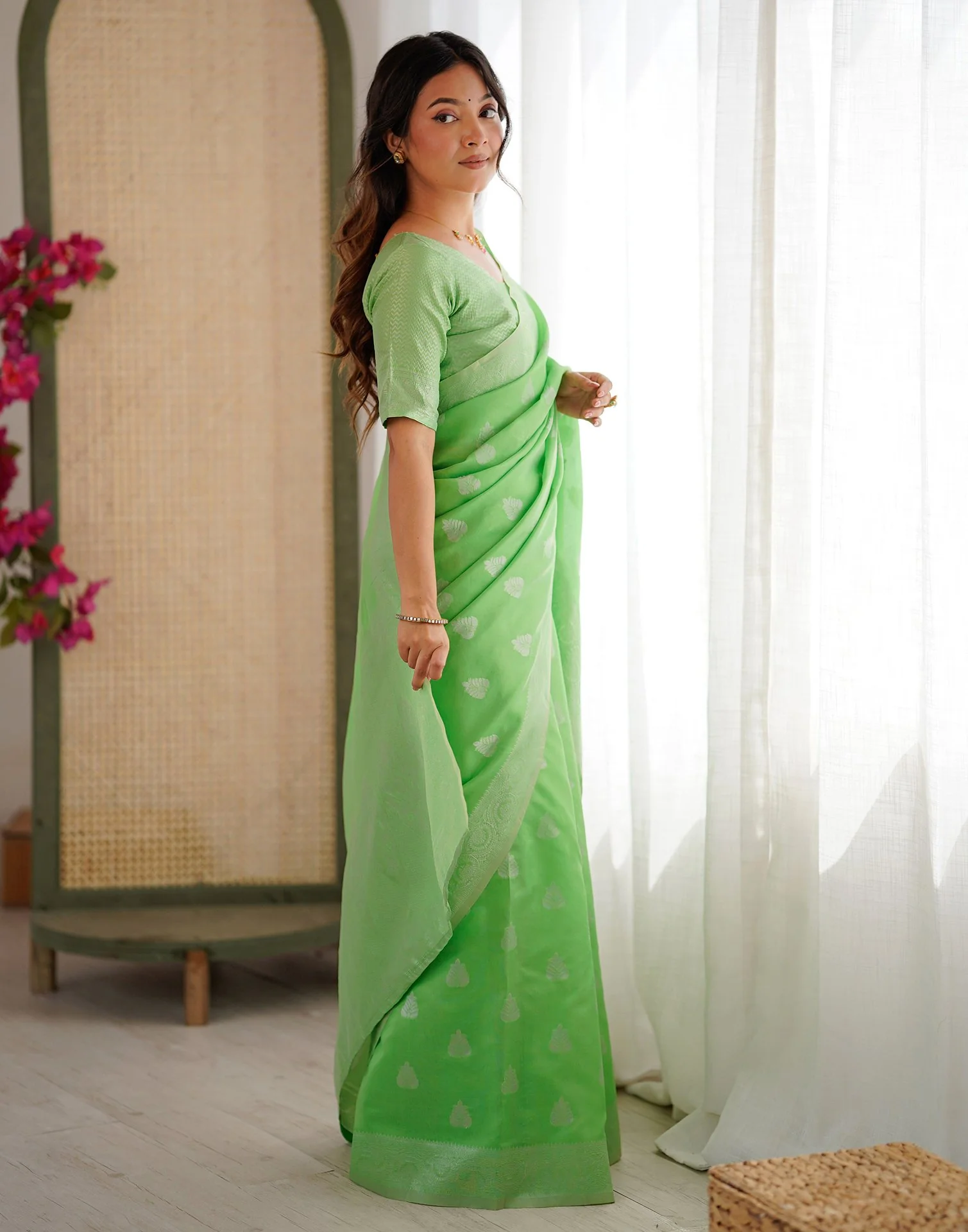 Parrot Green Silk Woven Saree - Image 8