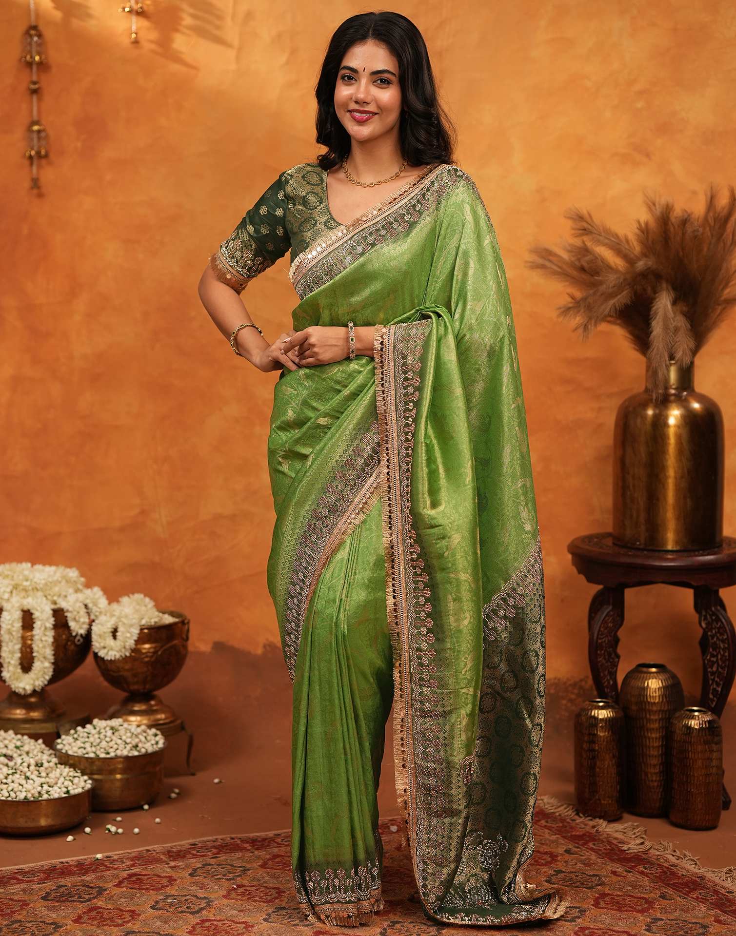 Parrot Green Silk Woven Stone Work Banarasi Saree - Image 5