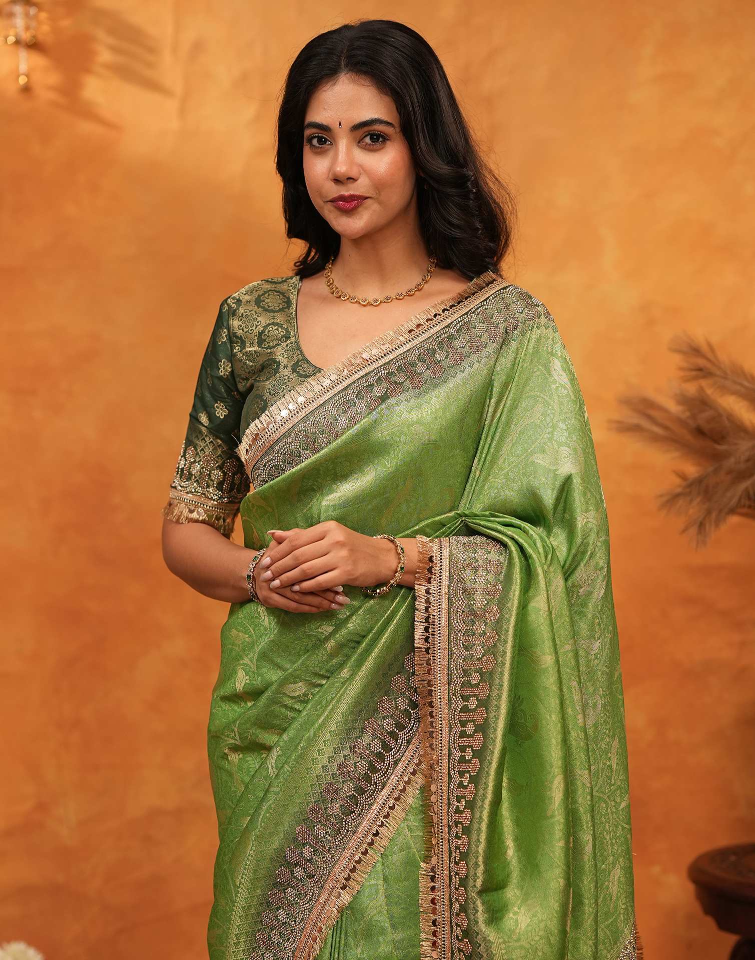 Parrot Green Silk Woven Stone Work Banarasi Saree - Image 9