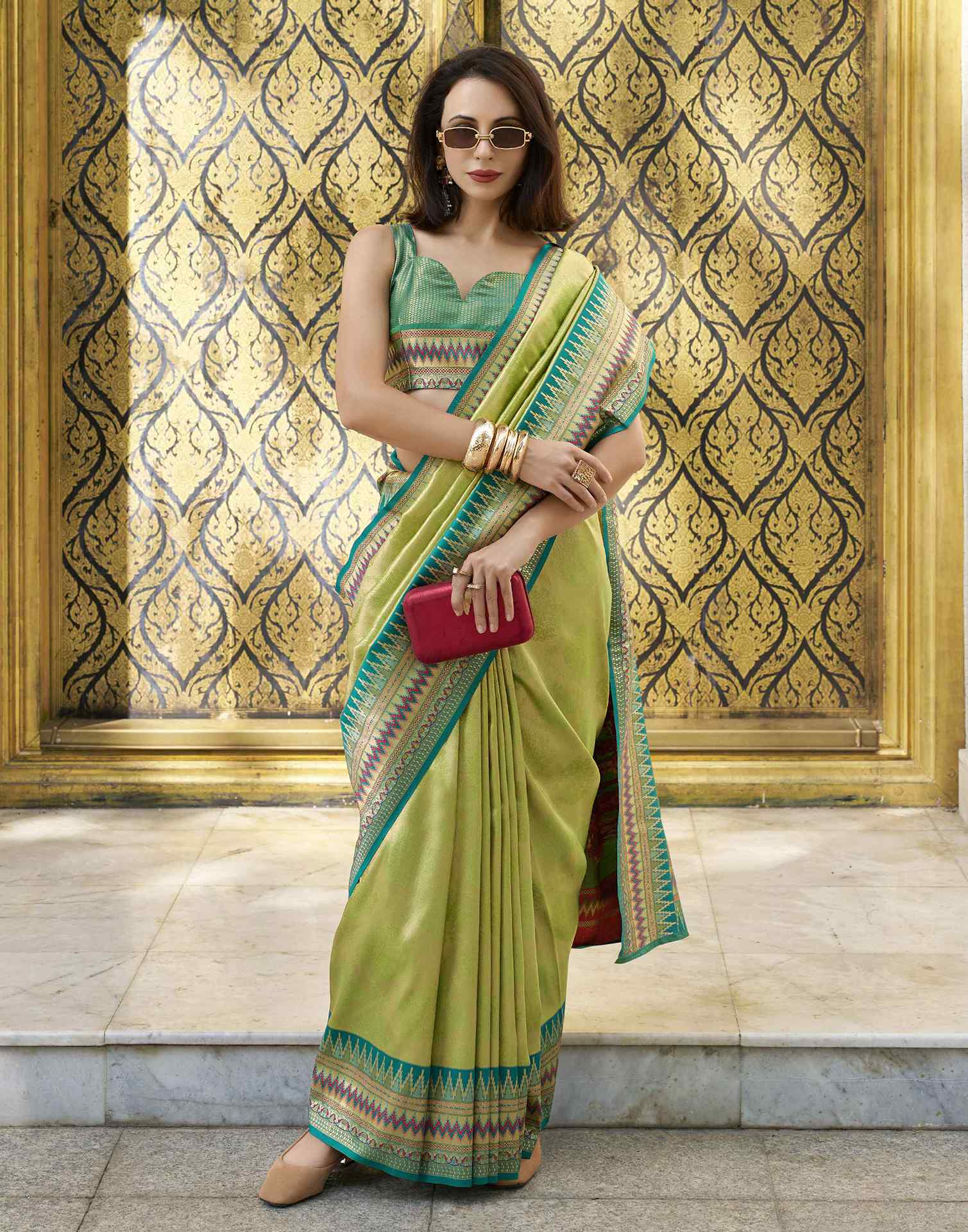 Parrot Green Tissue Silk Woven Paithani Saree - Image 4