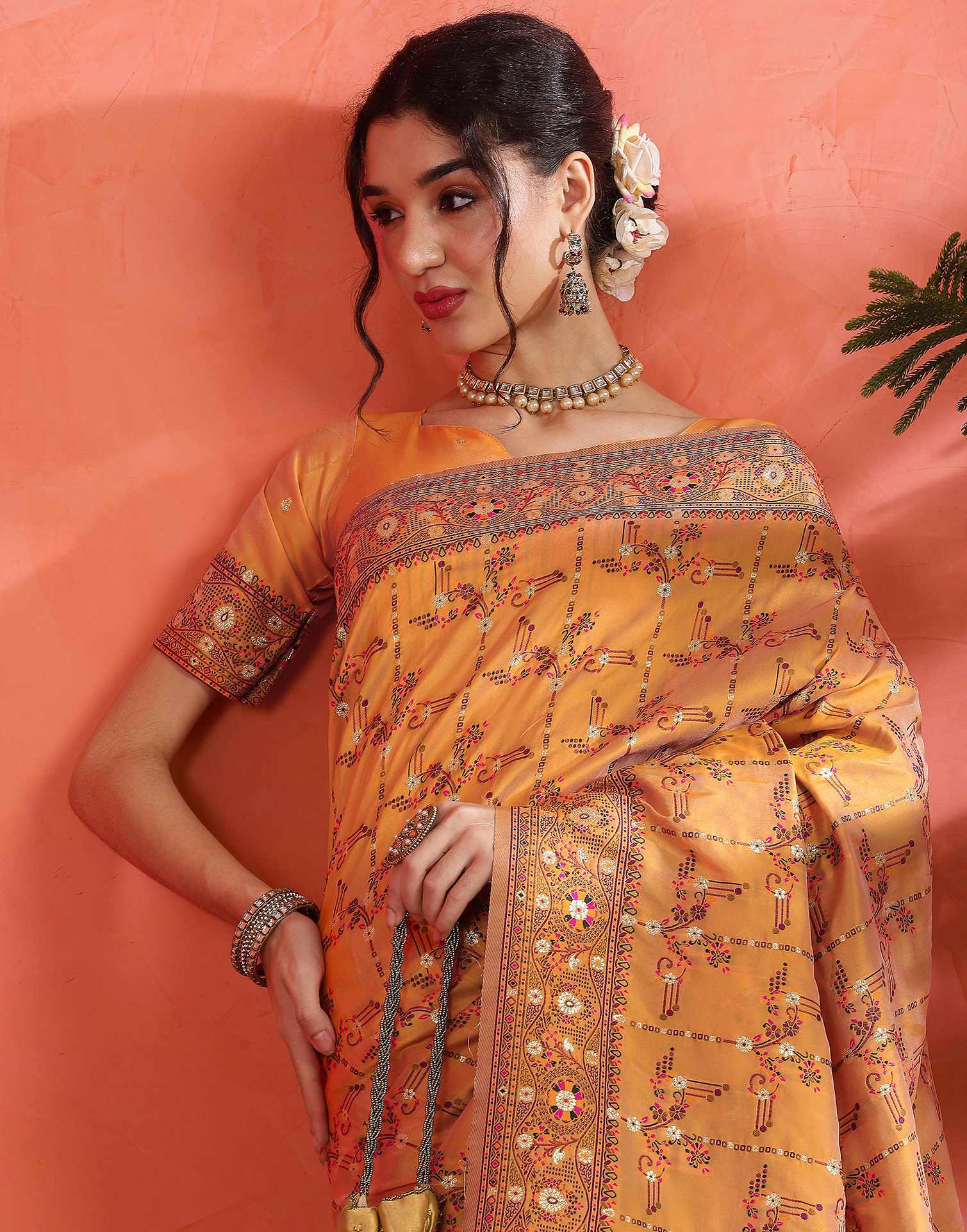 Pastel Orange Silk Woven Saree - Image 2