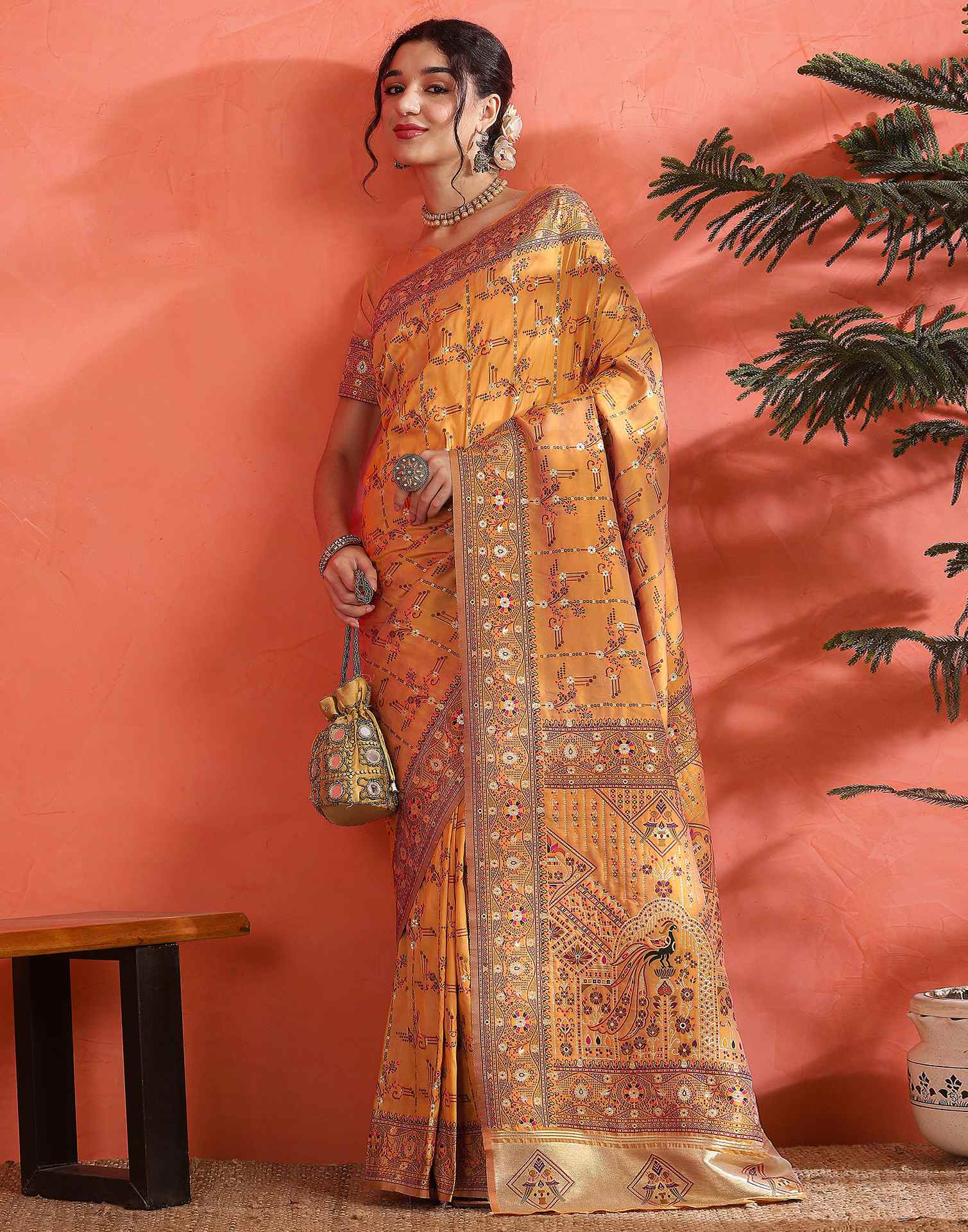 Pastel Orange Silk Woven Saree - Image 6