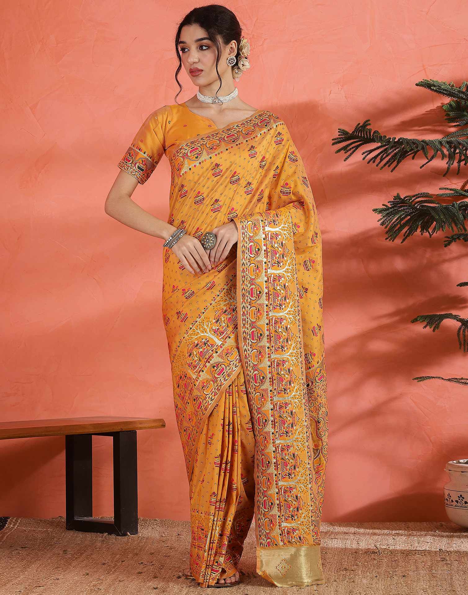 Pastel Orange Silk Woven Saree - Image 2