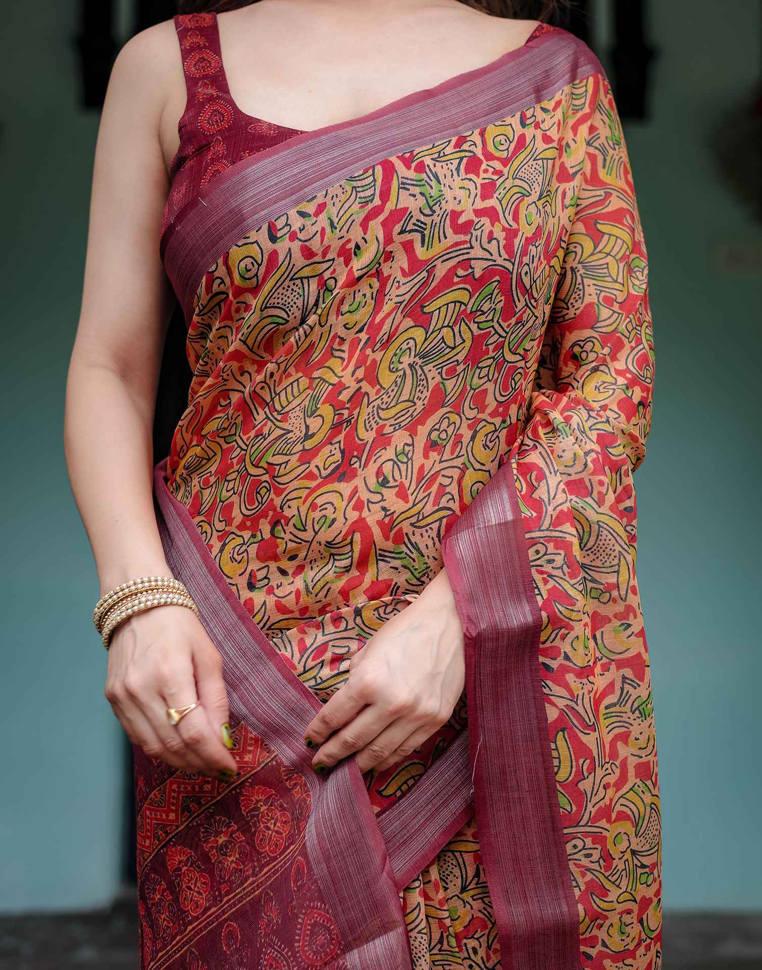 Beige Linen Printed Saree - Image 6