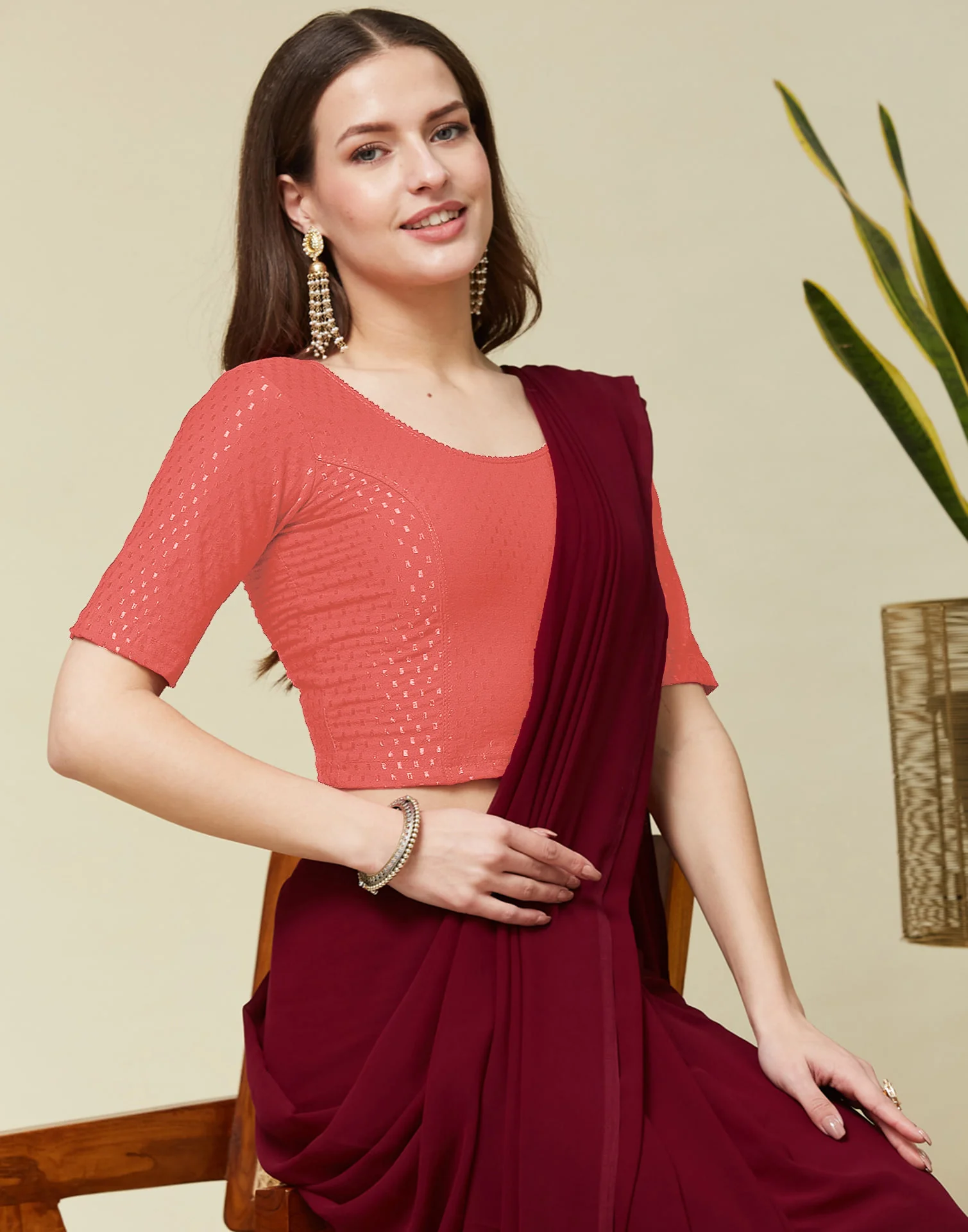 Peach Cotton Dyed Self Woven Blouse - Image 2