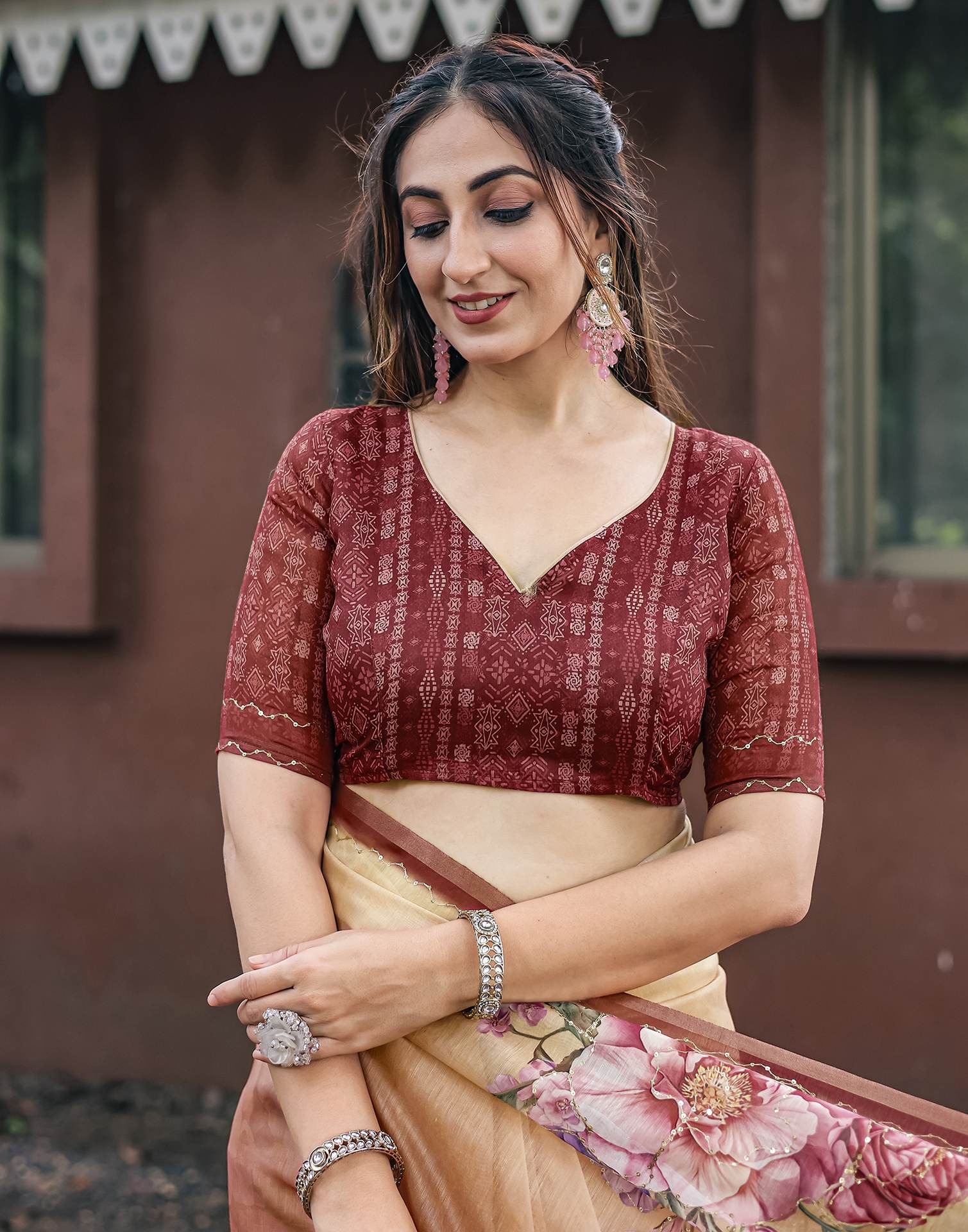 Peach Cotton Floral Printed Saree - Image 11