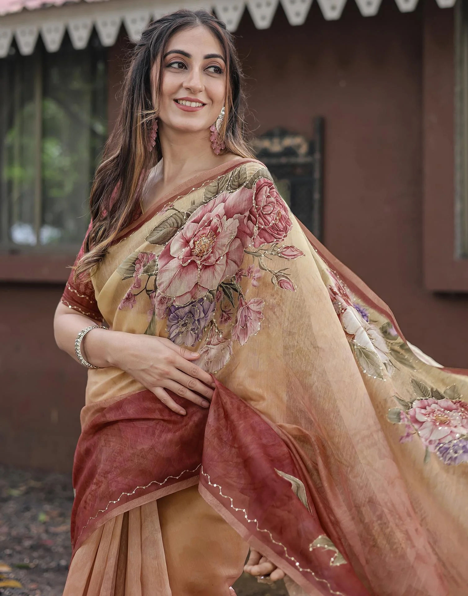 Peach Cotton Floral Printed Saree - Image 2