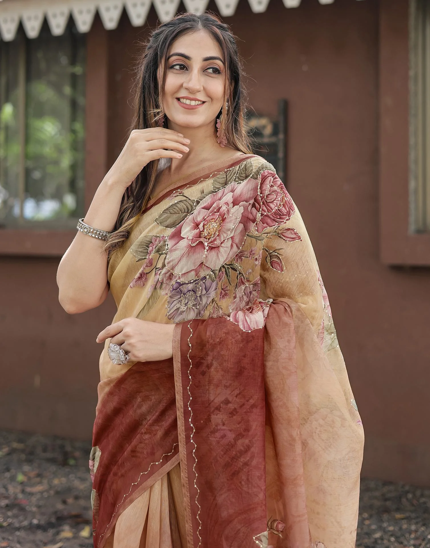 Peach Cotton Floral Printed Saree - Image 5