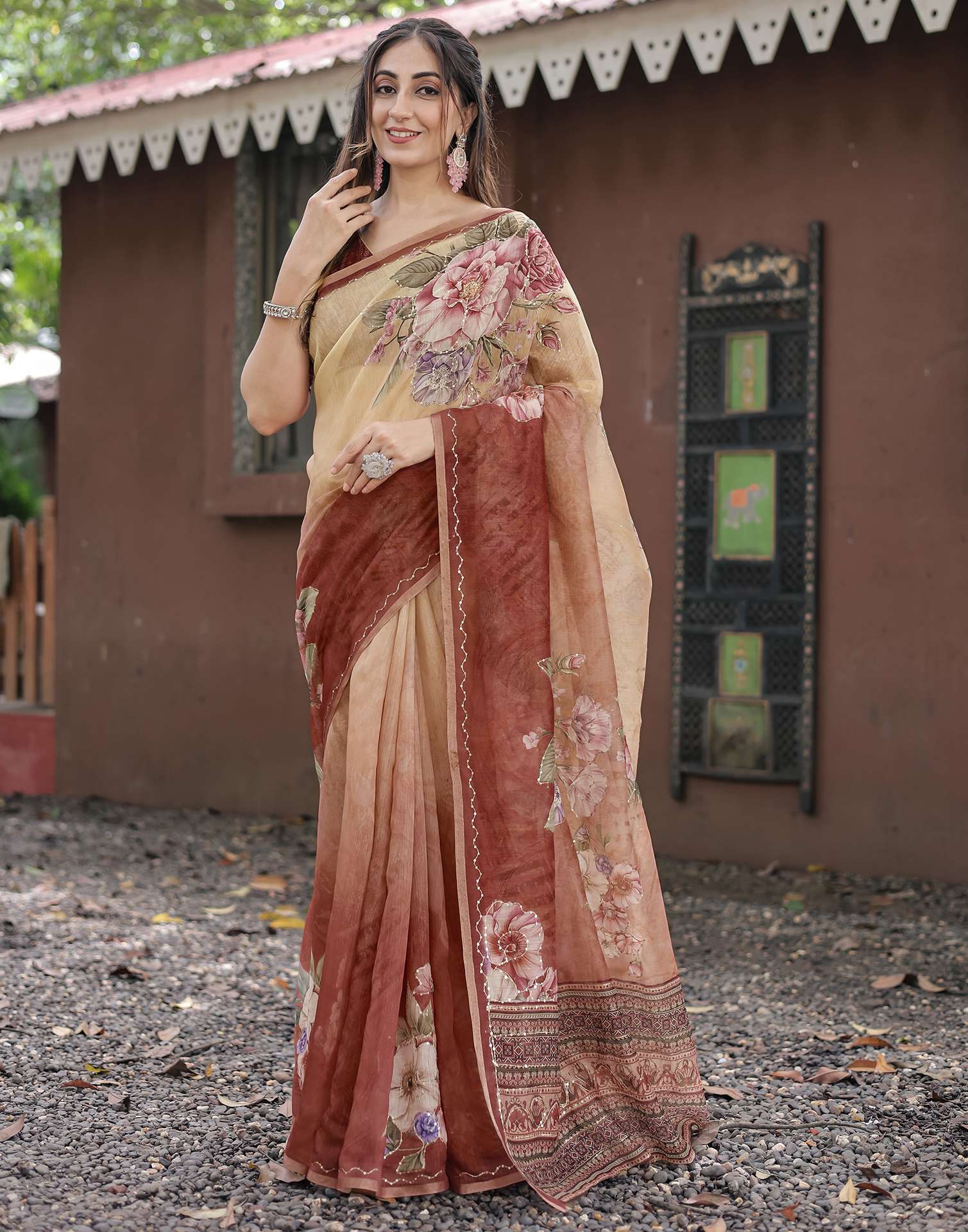 Peach Cotton Floral Printed Saree - Image 6