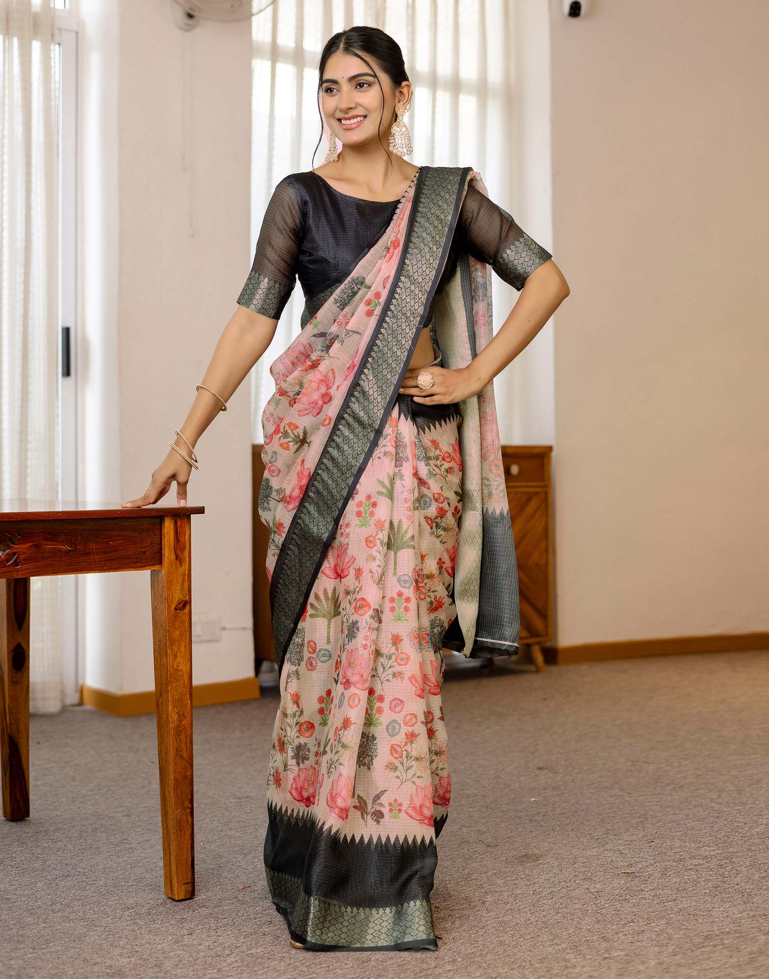 Peach Cotton Printed Saree - Image 2