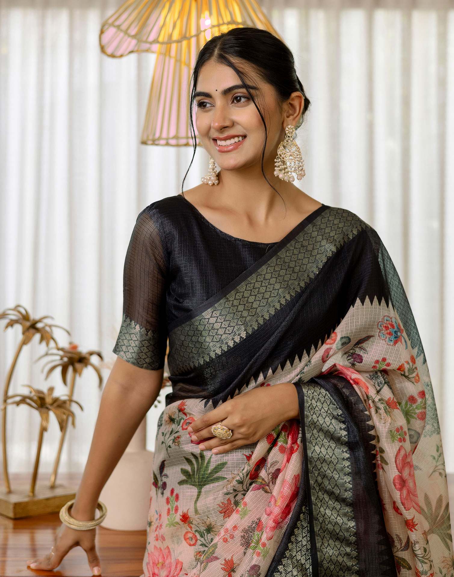 Peach Cotton Printed Saree - Image 6