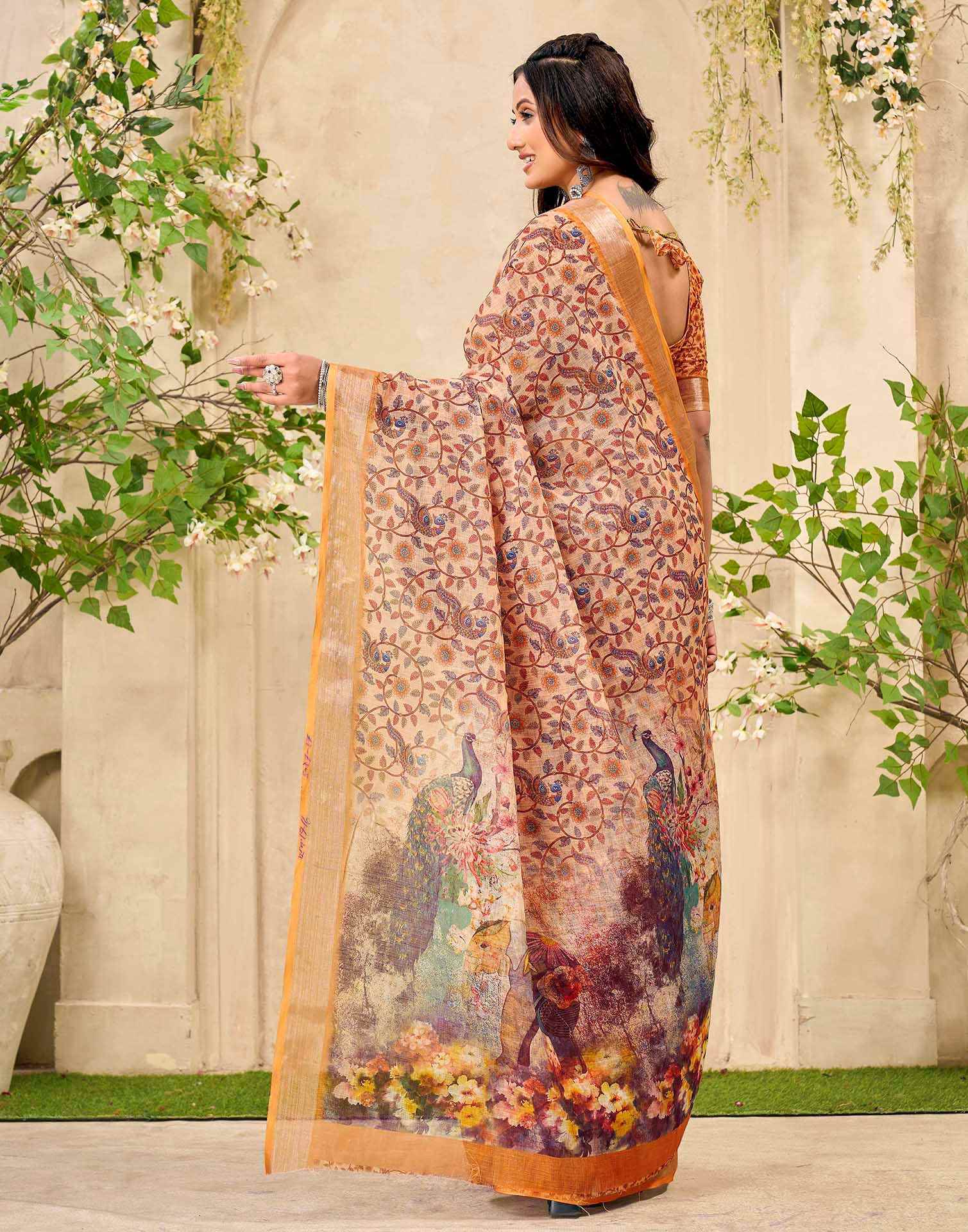 Peach Cotton Printed Saree - Image 6