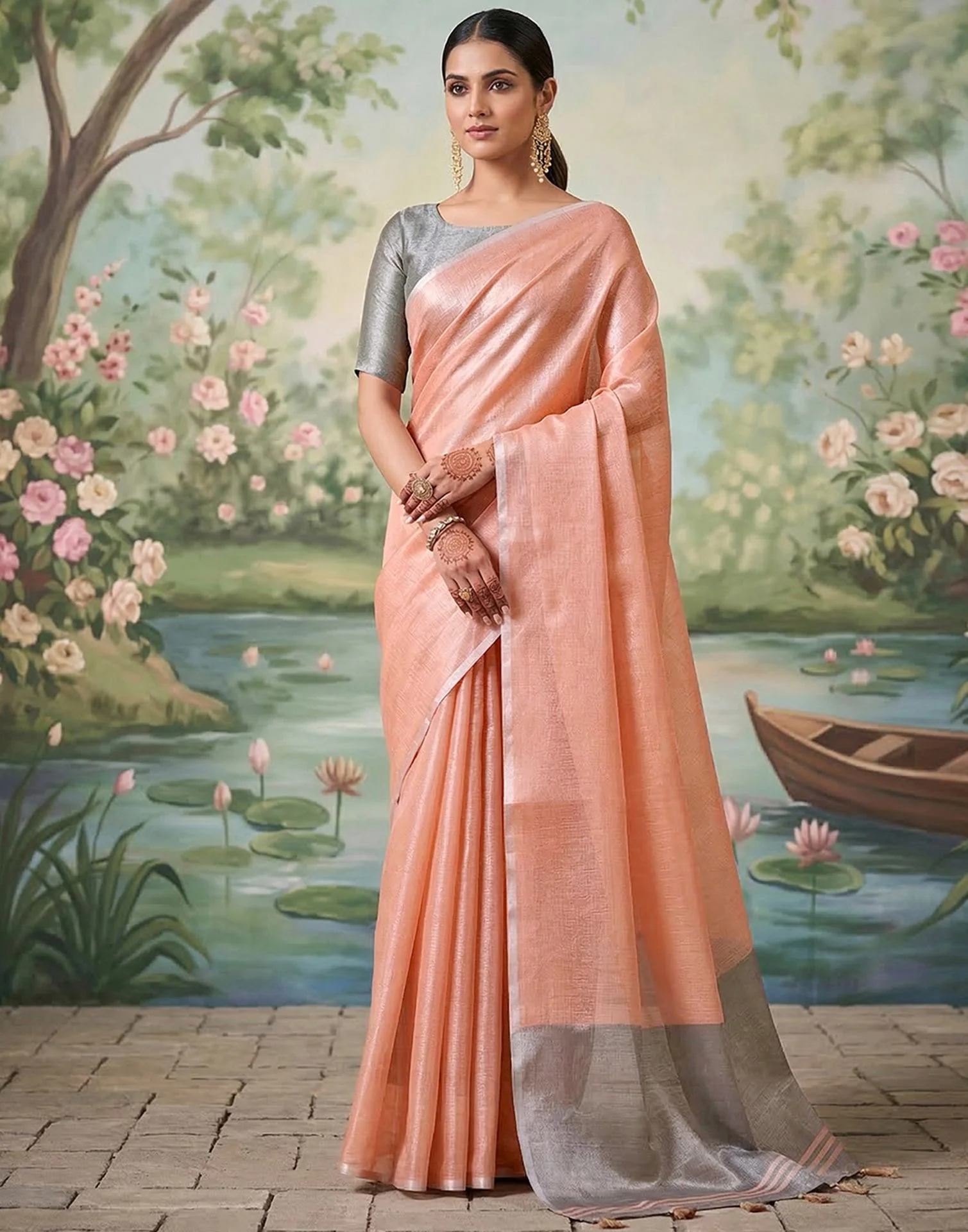 Peach Cotton Silk Tassels Woven Saree