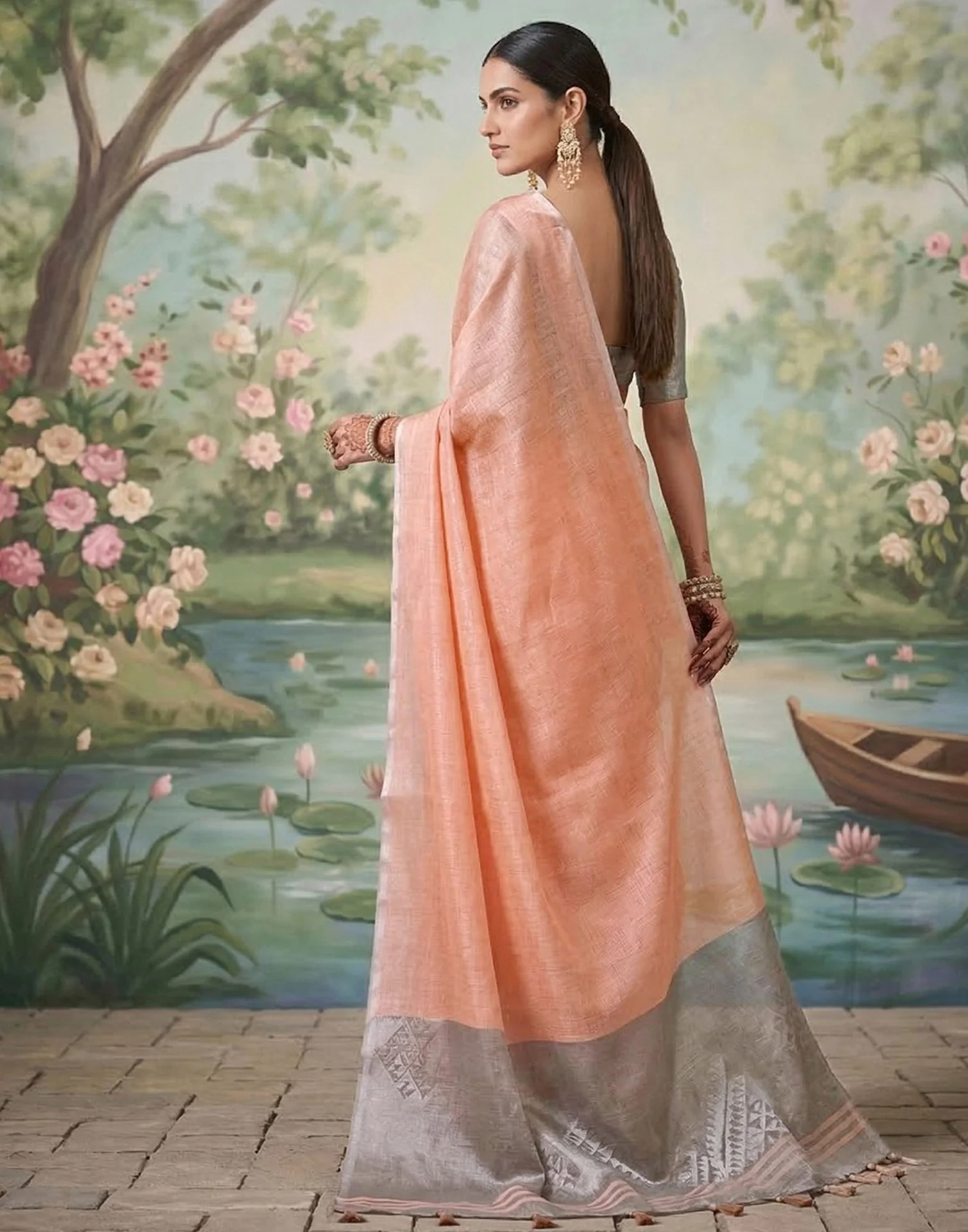 Peach Cotton Silk Tassels Woven Saree - Image 4