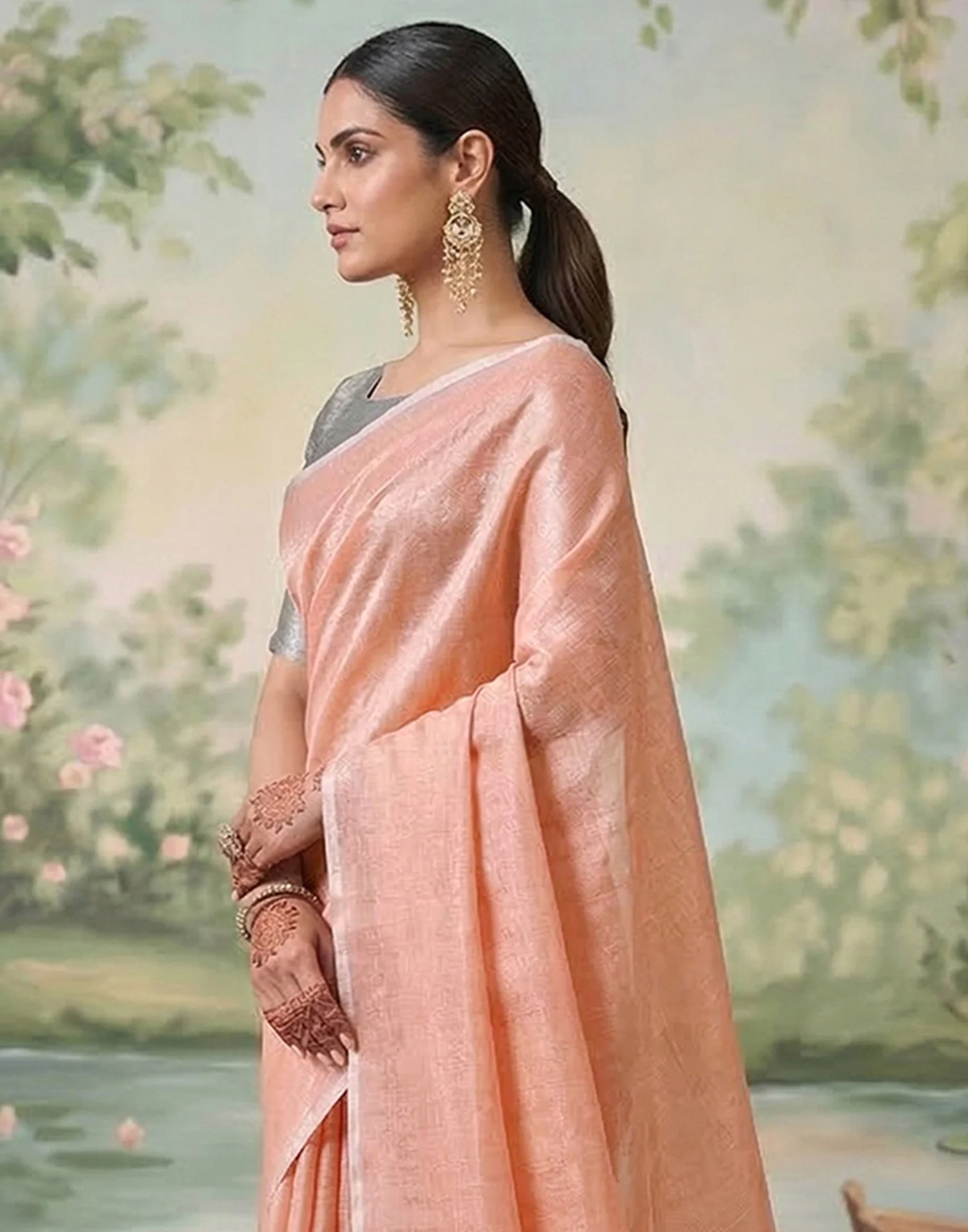 Peach Cotton Silk Tassels Woven Saree - Image 5