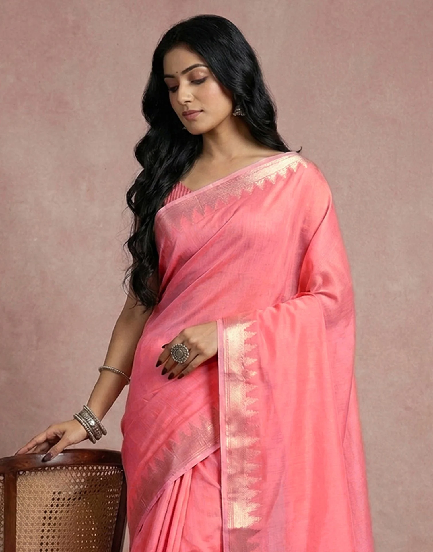 Peach Cotton Silk Woven Border Saree - Image 2