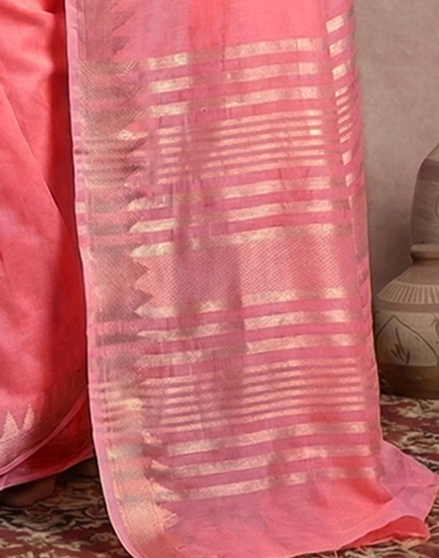 Peach Cotton Silk Woven Border Saree - Image 6