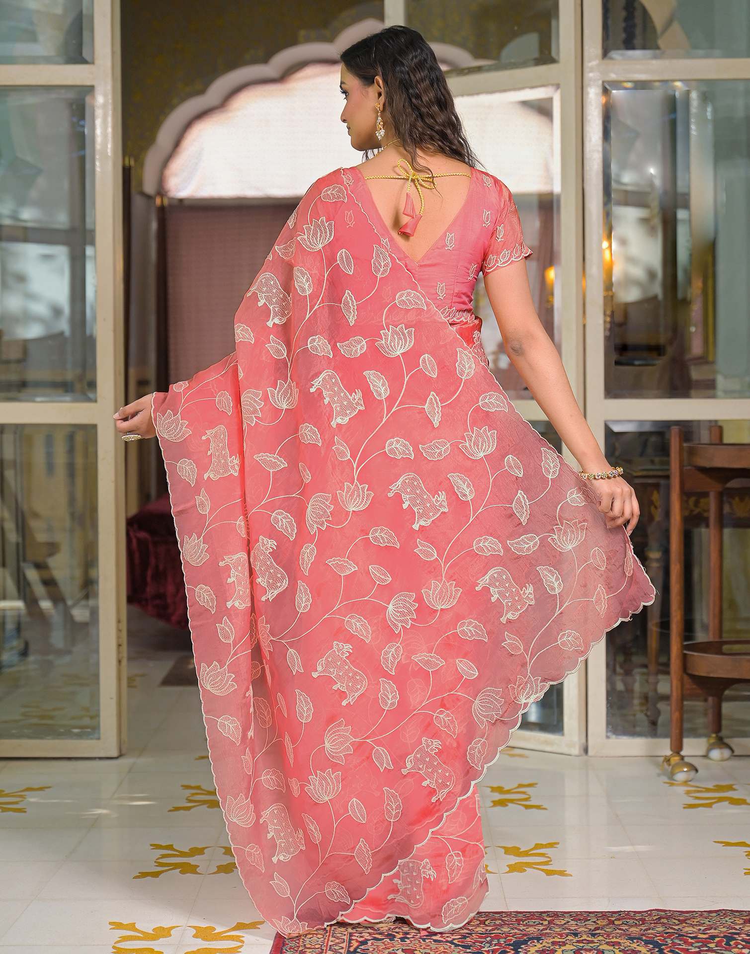 Peach Crush Tissue Embroidery Saree - Image 6