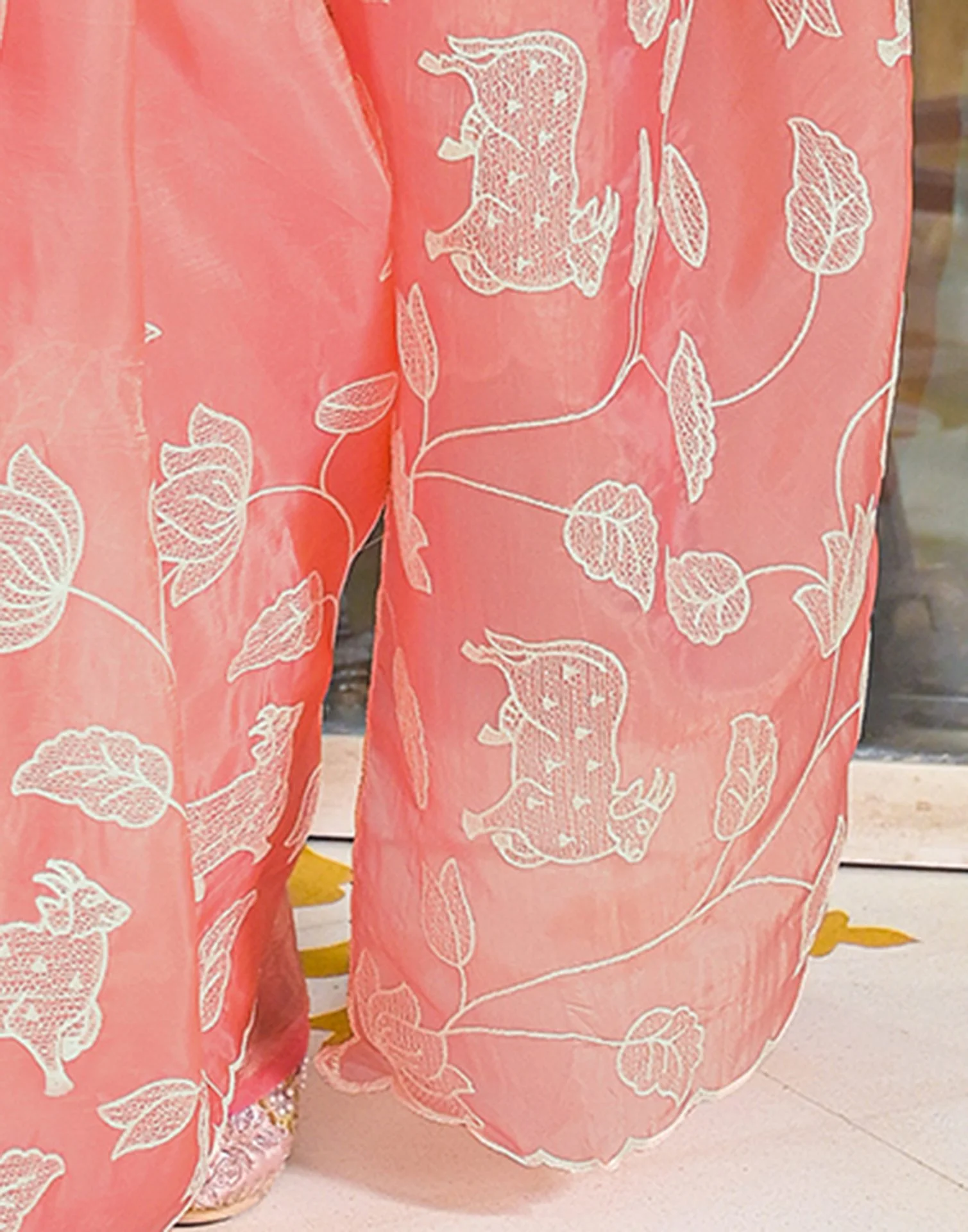 Peach Crush Tissue Embroidery Saree - Image 8