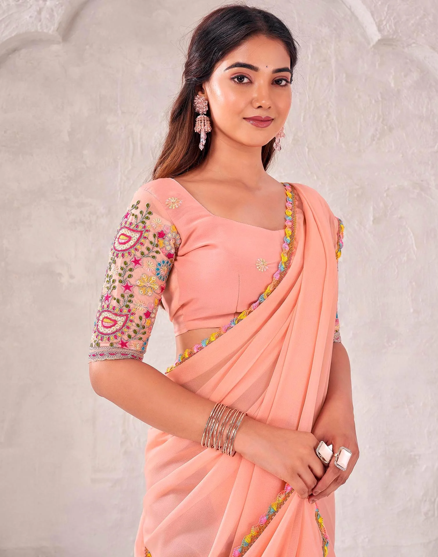 Peach Georgette Embroidery Lace Saree - Image 2
