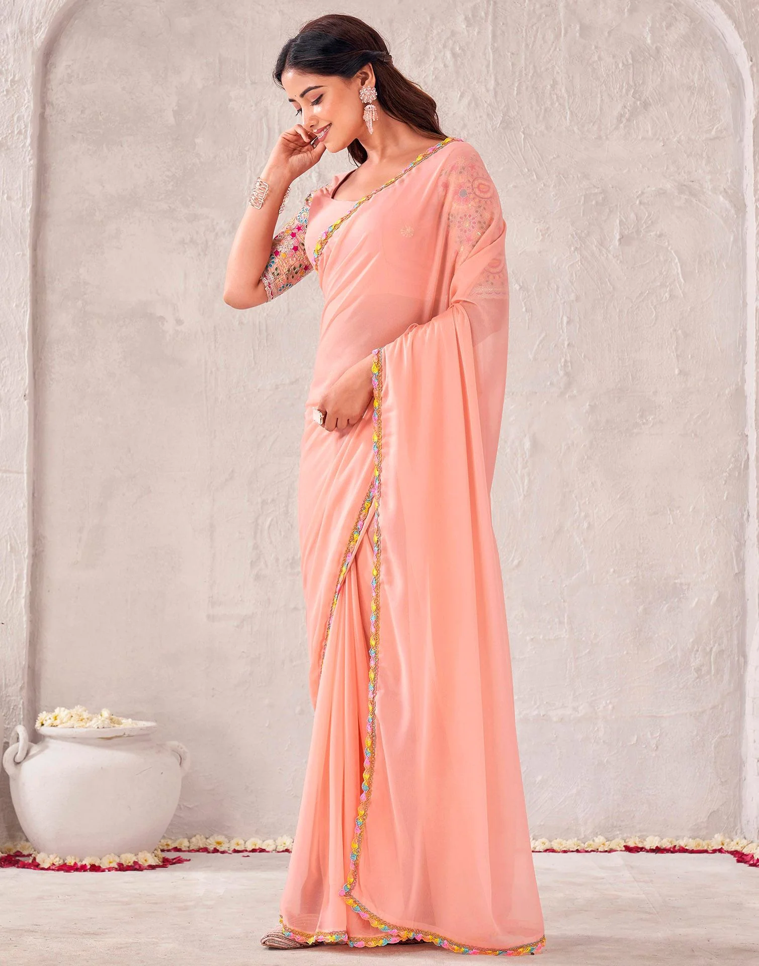 Peach Georgette Embroidery Lace Saree - Image 4