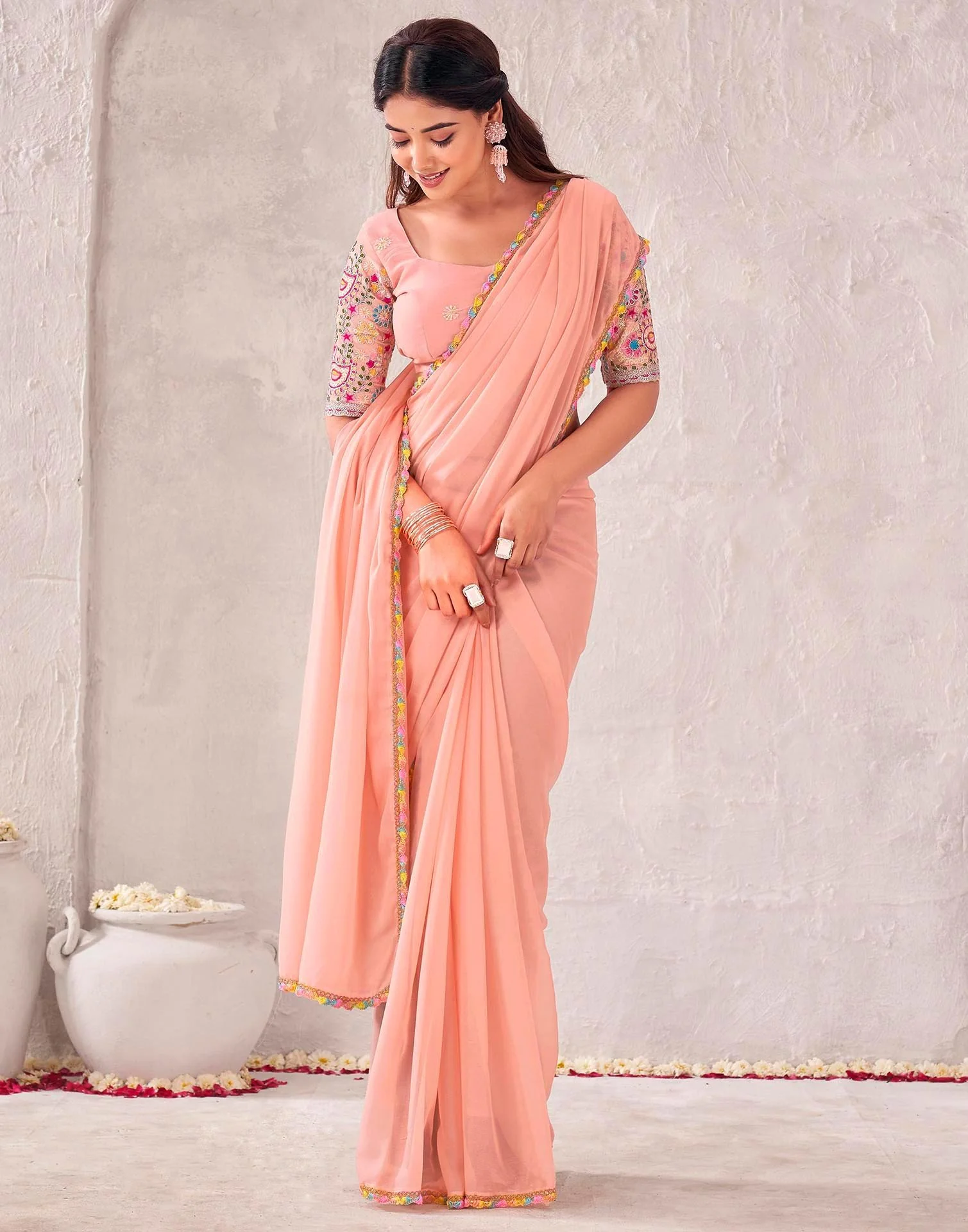 Peach Georgette Embroidery Lace Saree - Image 5