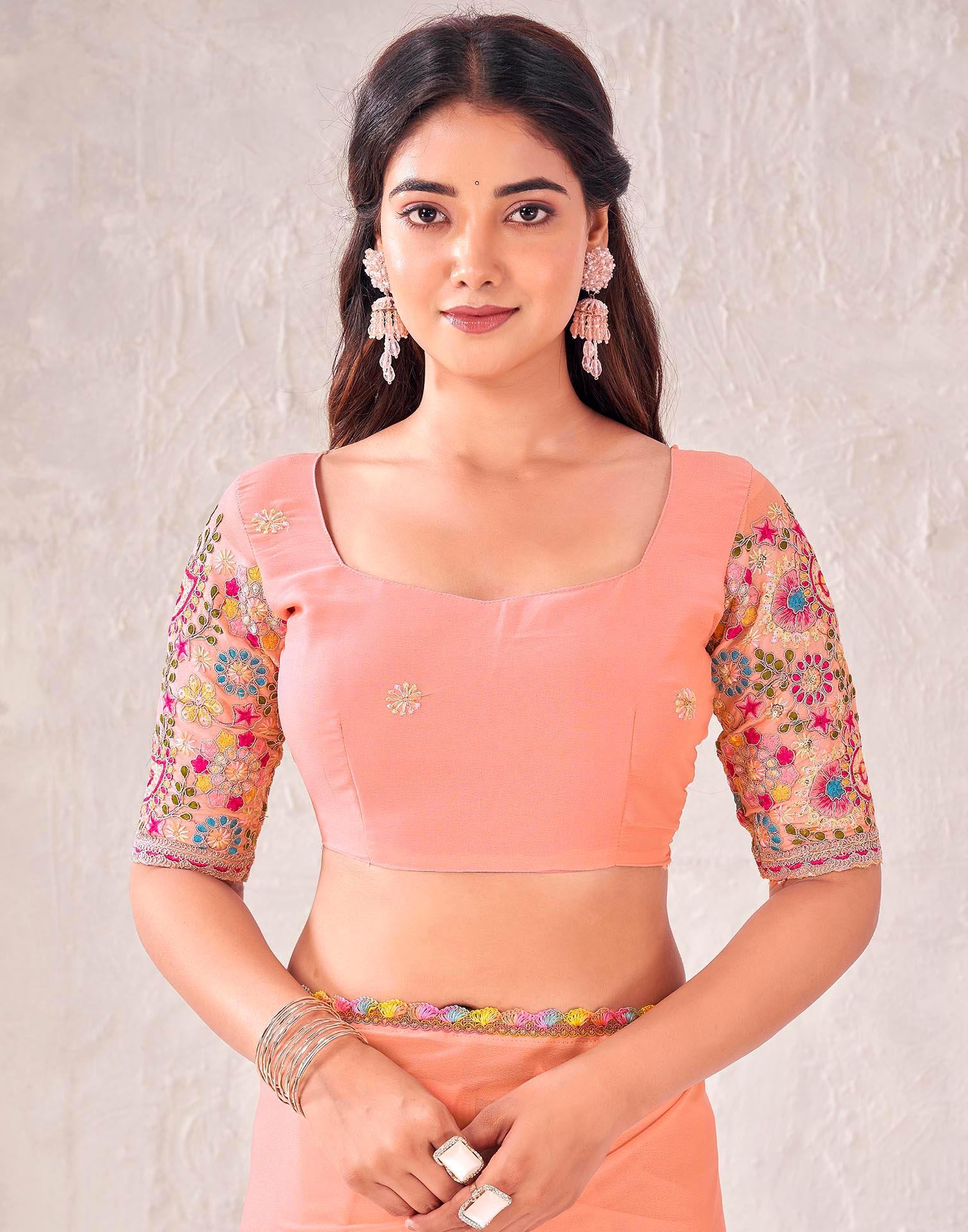 Peach Georgette Embroidery Lace Saree - Image 7