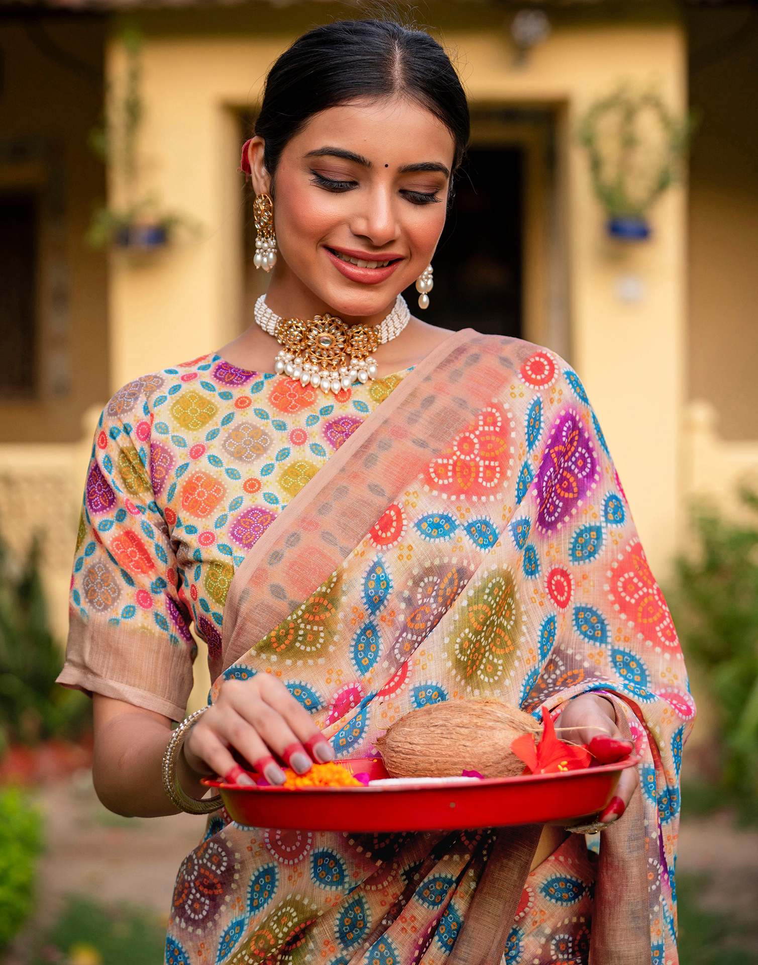 Vat Savitri Special Peach Linen Bandhani Printed Saree - Image 3