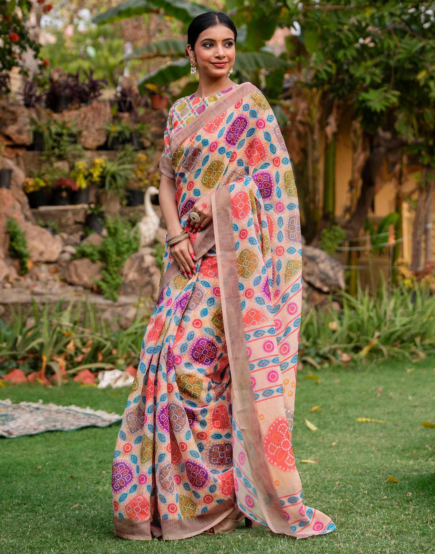 Vat Savitri Special Peach Linen Bandhani Printed Saree - Image 5