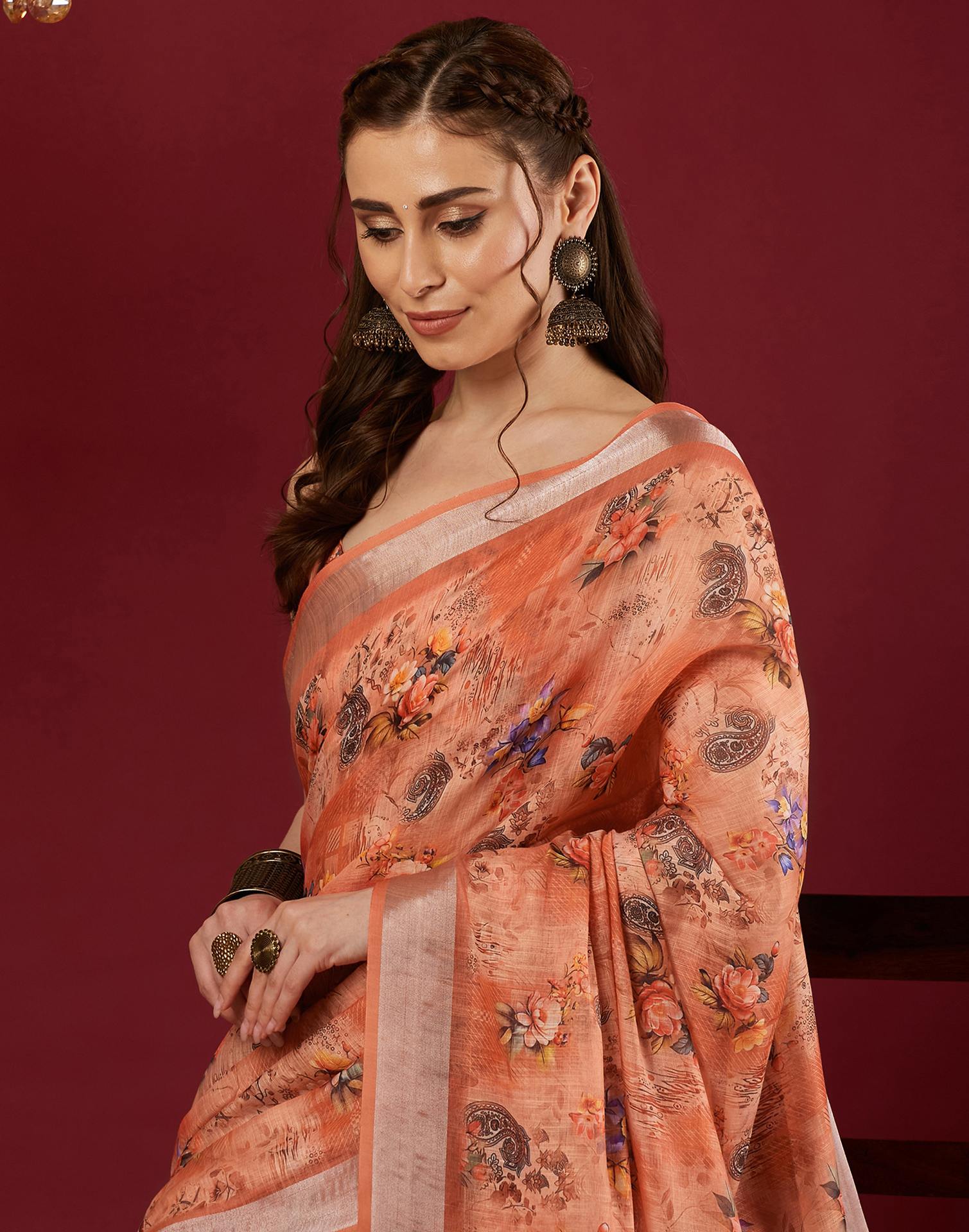 Peach Linen Floral Printed Saree - Image 2