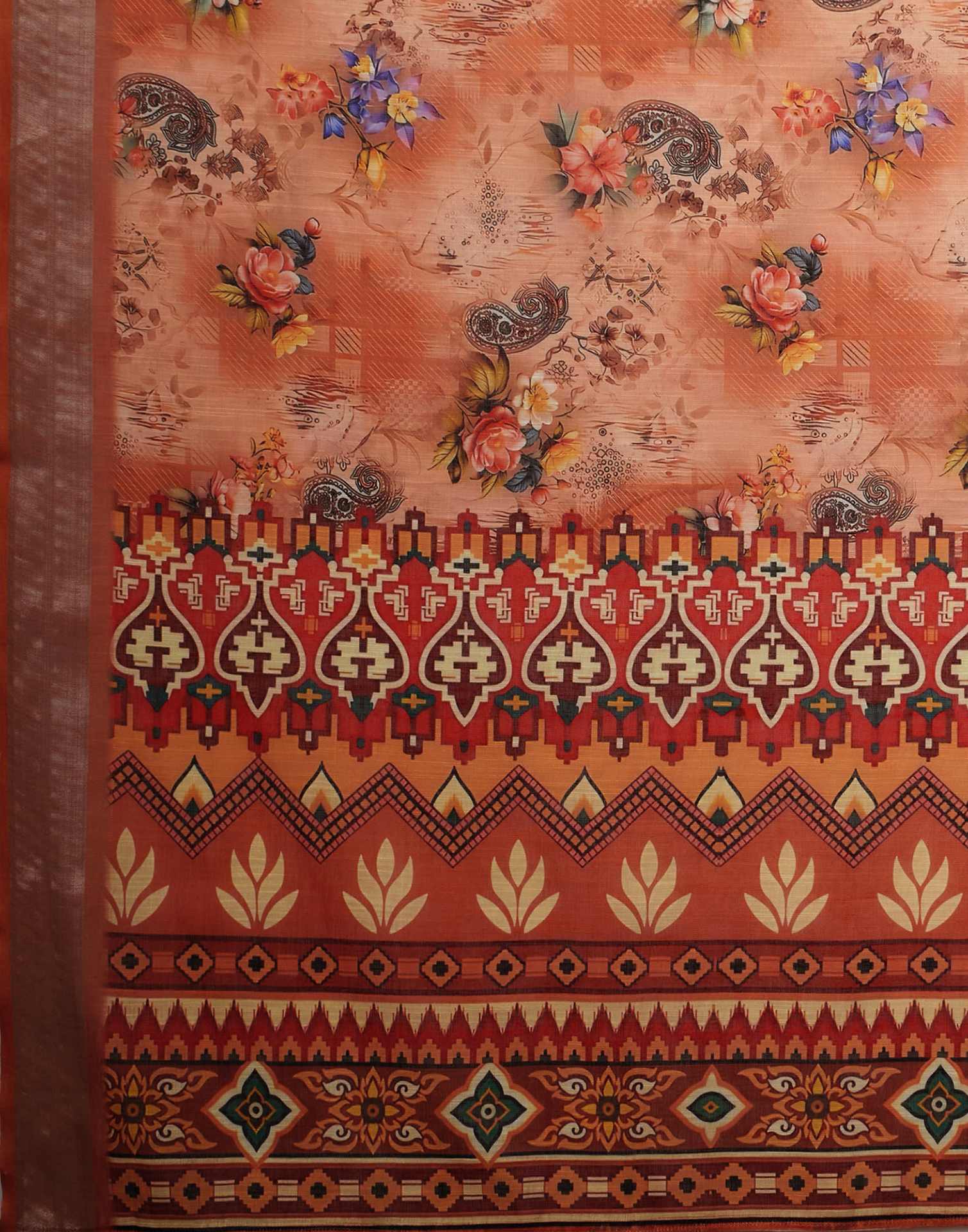 Peach Linen Floral Printed Saree - Image 8