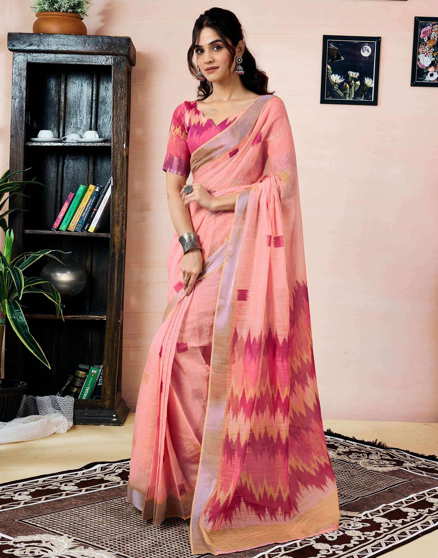 Ready To Wear Peach Linen Printed Saree With Pocket - Image 2