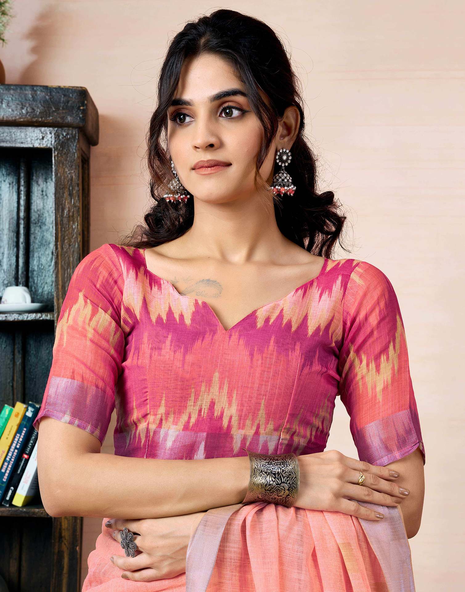 Ready To Wear Peach Linen Printed Saree With Pocket - Image 5