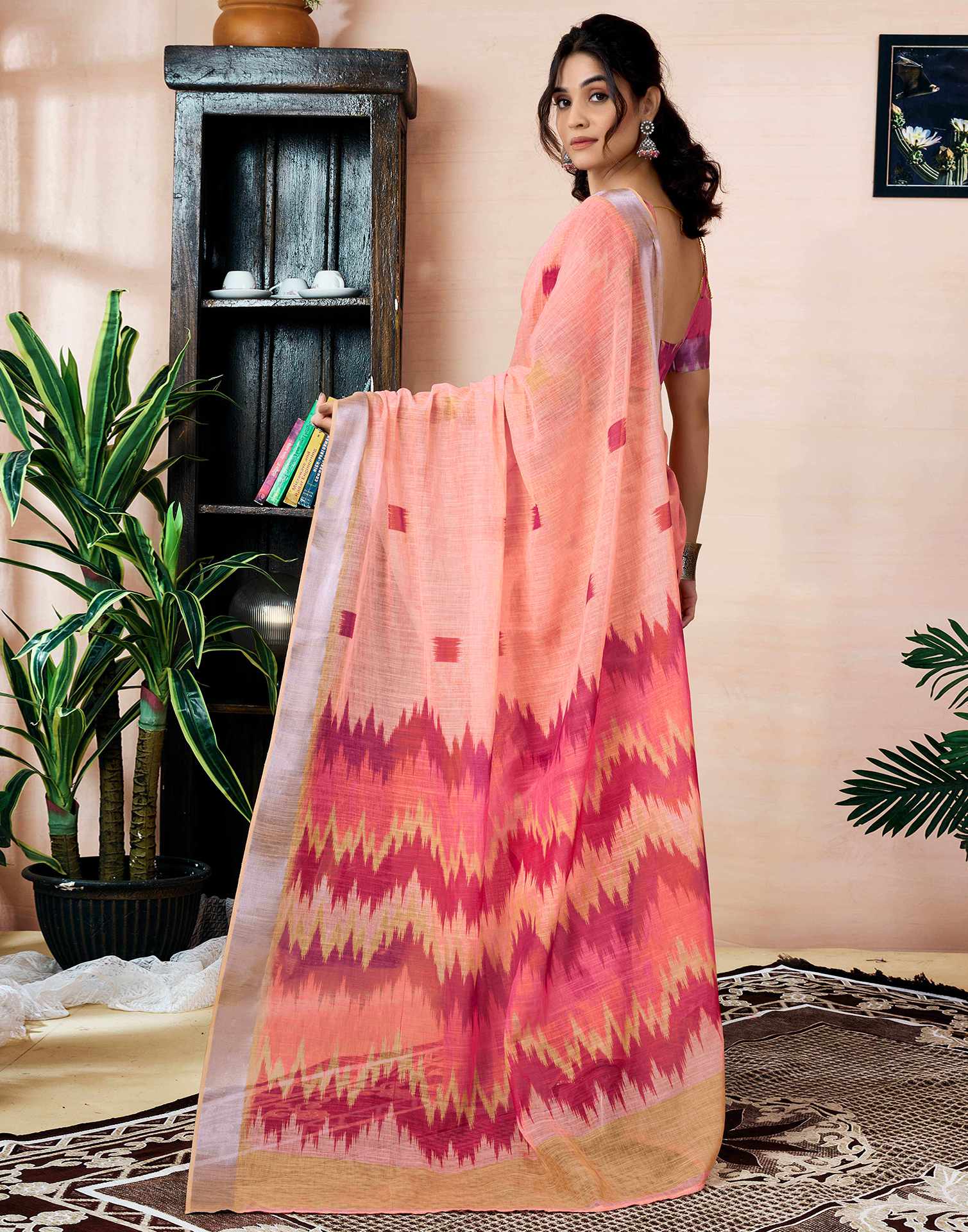 Ready To Wear Peach Linen Printed Saree With Pocket - Image 7