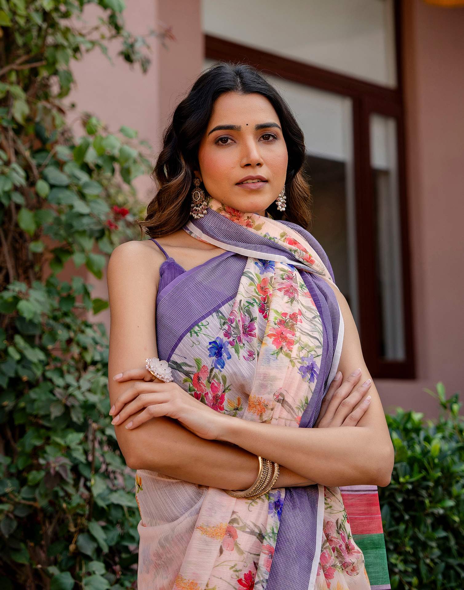 Peach Linen Printed Saree - Image 4