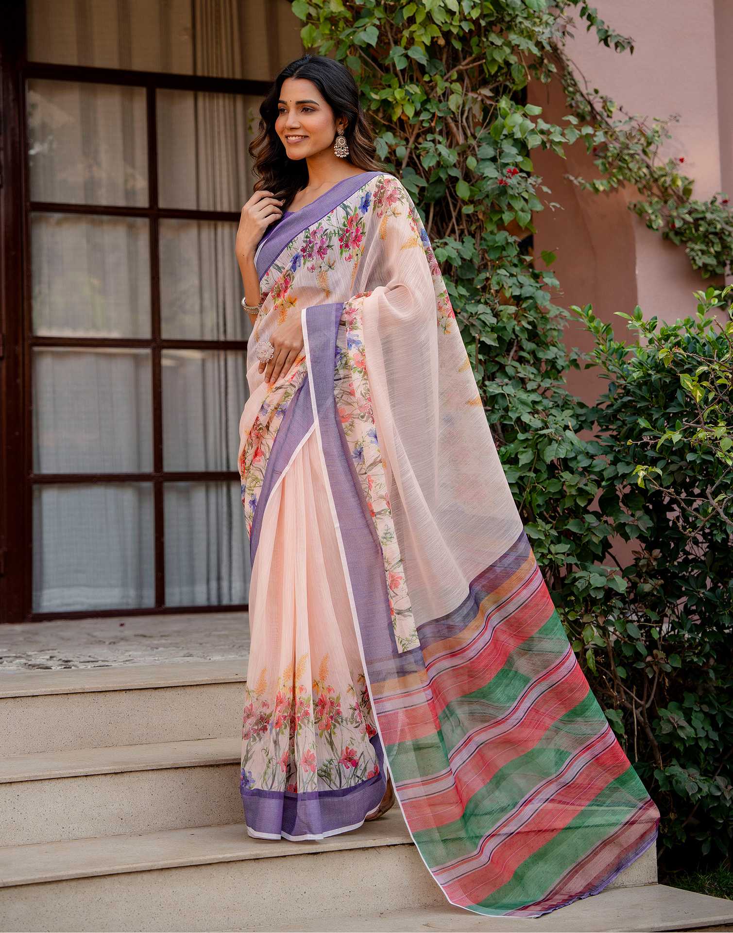 Peach Linen Printed Saree - Image 5
