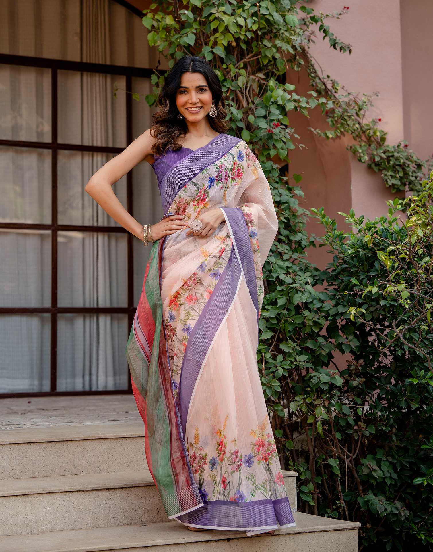Peach Linen Printed Saree - Image 6