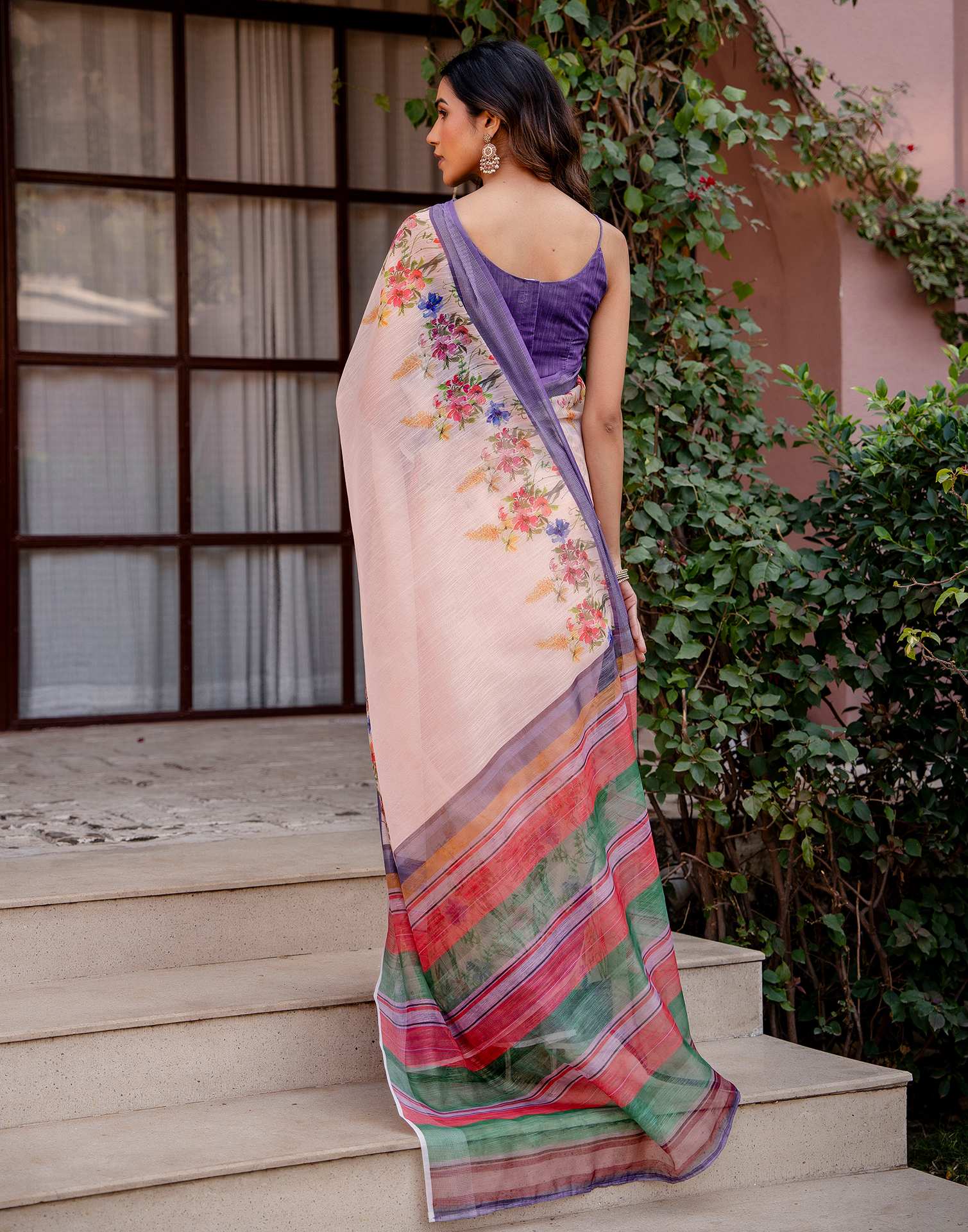 Peach Linen Printed Saree - Image 7
