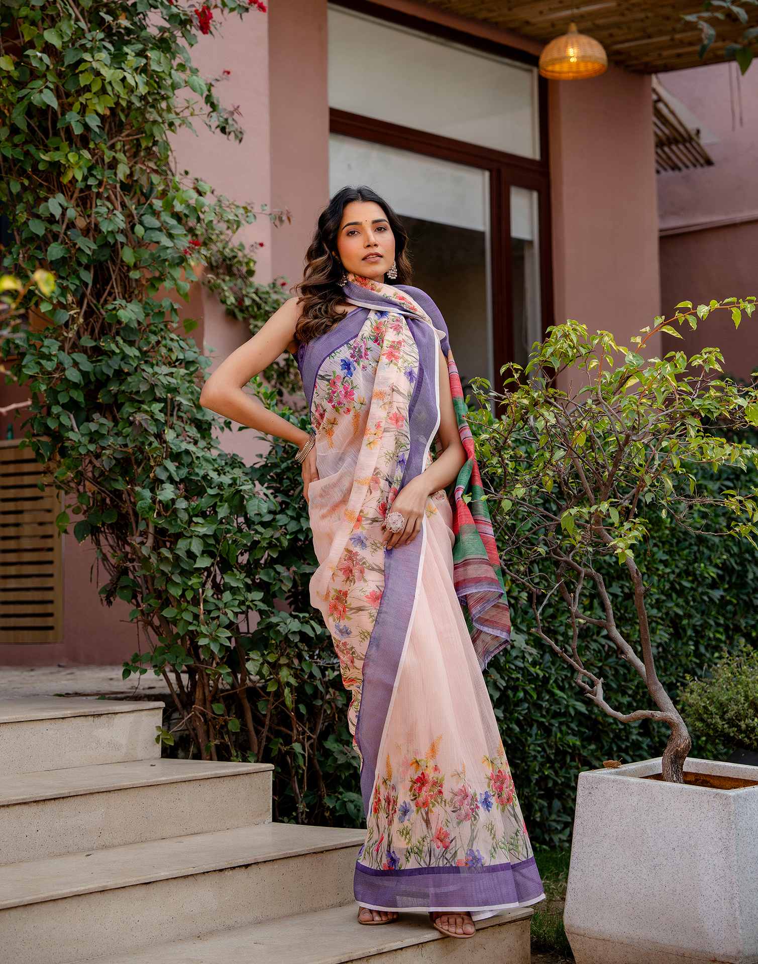 Peach Linen Printed Saree - Image 8