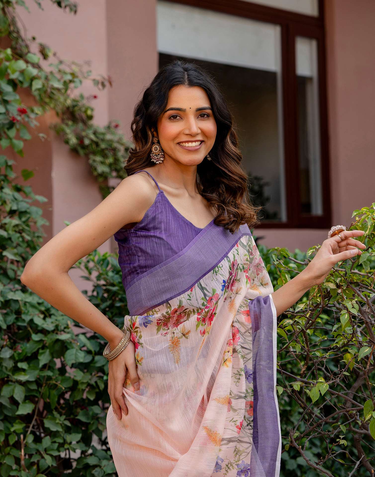 Peach Linen Printed Saree - Image 9